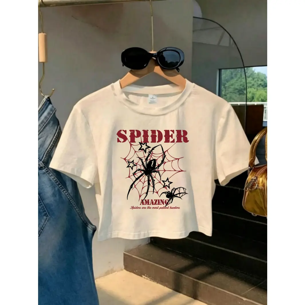 Spider Web Graphic Crop Tee Women Y2k Streetwear Short Sleeve Crewneck Soft Cotton Casual Summer Top For Going Out Festival Halloween Outfit