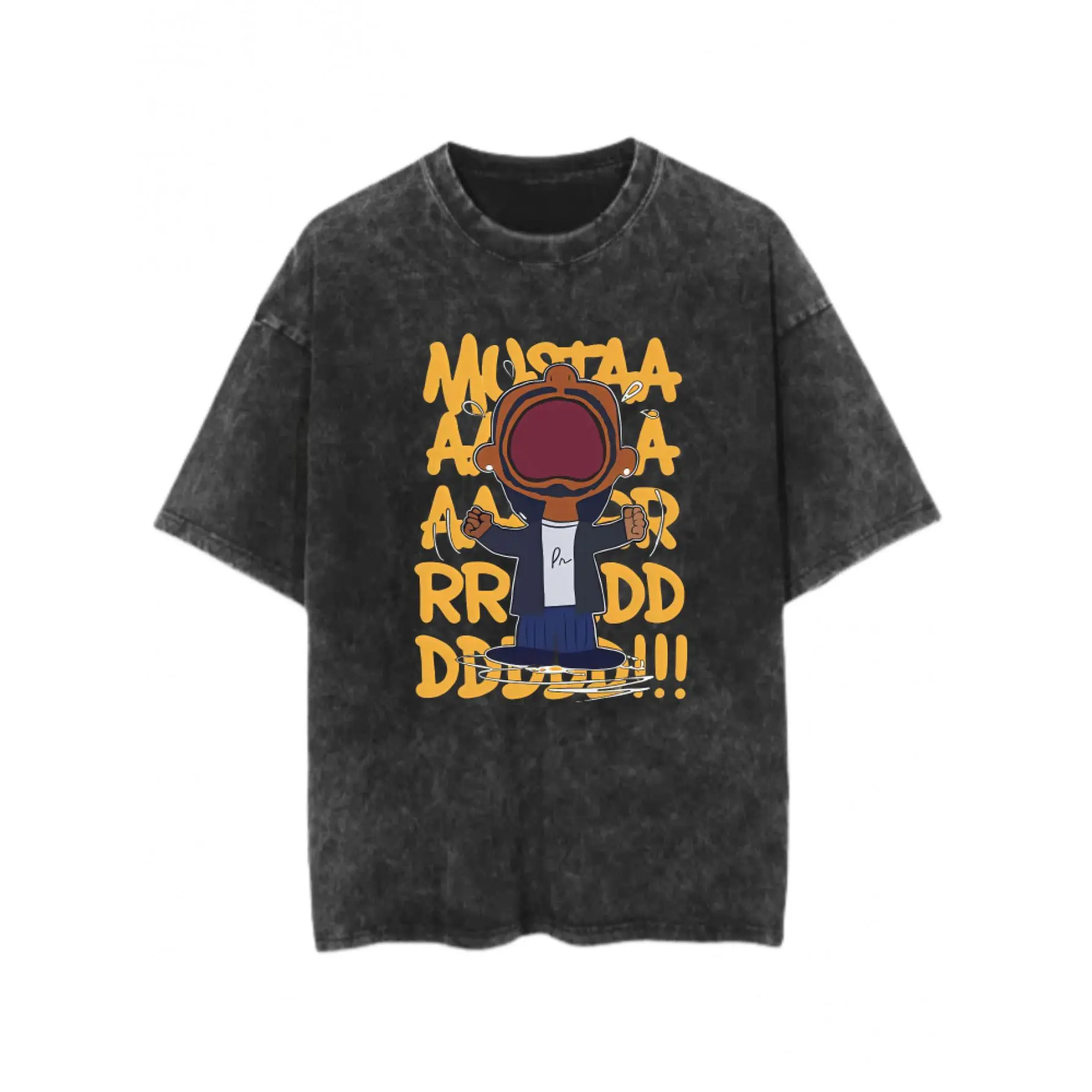 Black cotton T-shirt, decorated with mustard yellow "MUSTAA AARR DDD" text and cartoon character print, unisex casual style