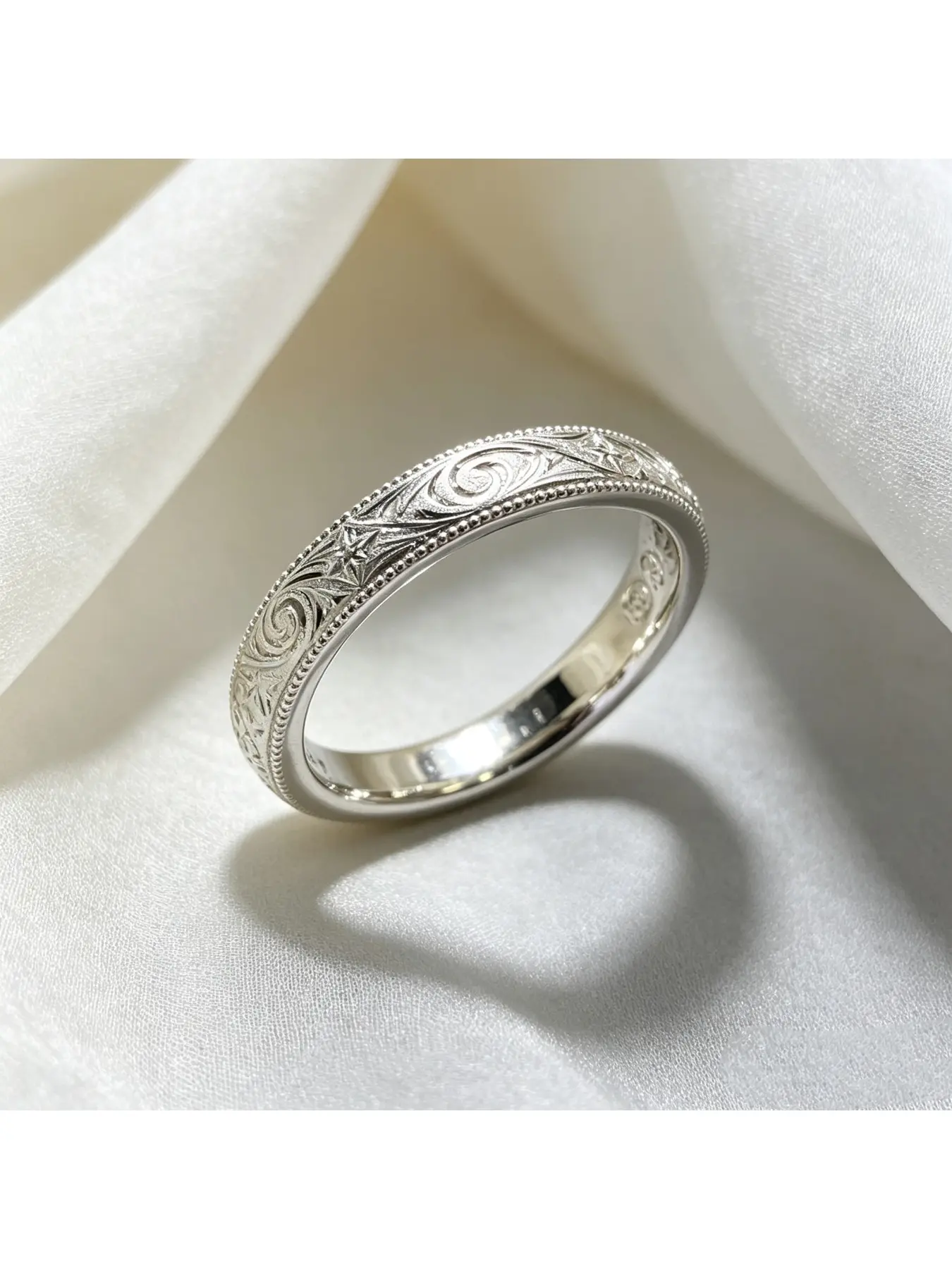 Milgrain Border Vintage Swirl Floral Hand Engraved Wide Silver Wedding Band, Matte Texture Full Circle Eternity Band, Textured Gift for Retro Ladies, Stackable Women Jewelry, Perfect for Christmas Dinners, Thanksgiving Wedding, Vintage Inspired Ring