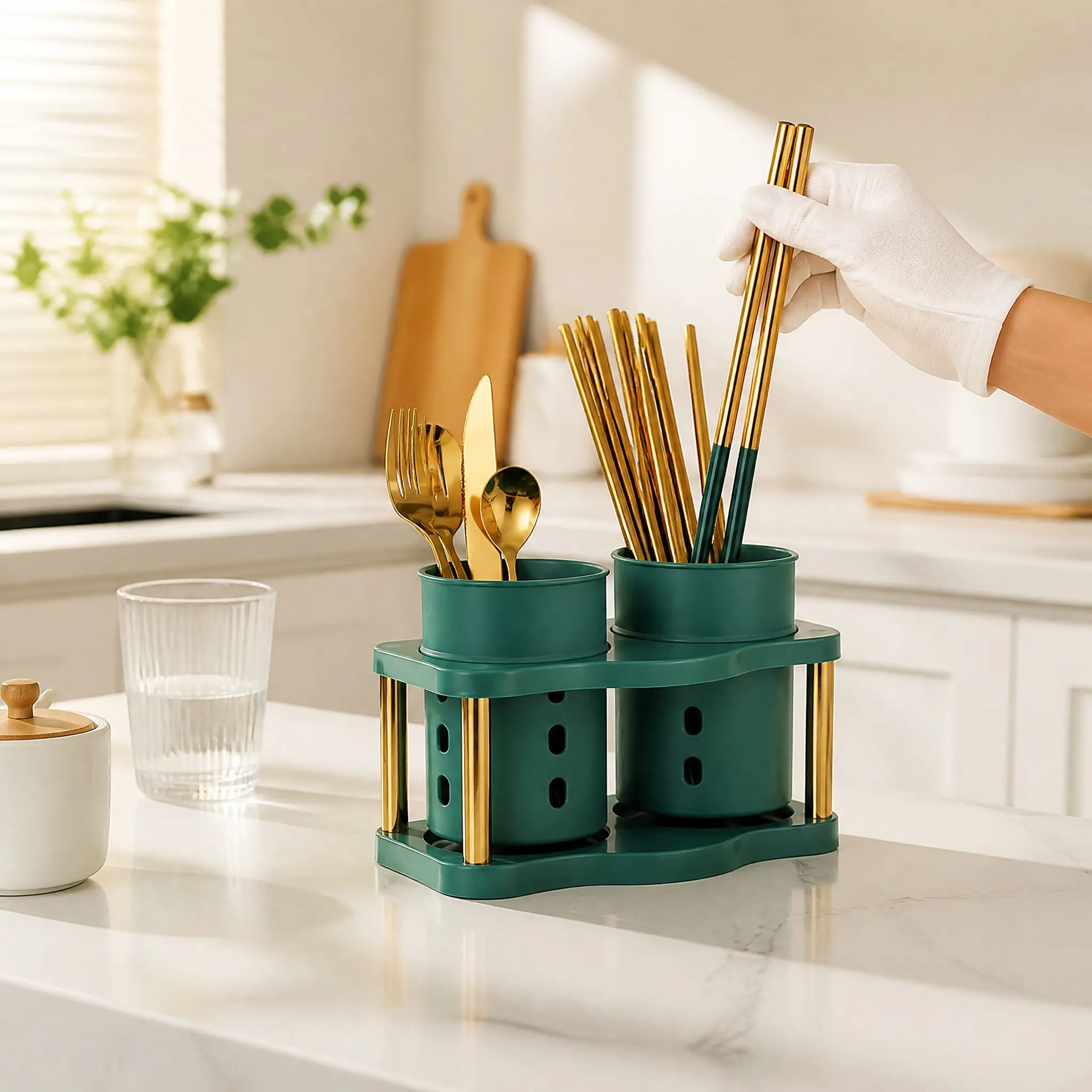 1 PCS  Double Compartment Utensil Holder Cutlery Caddy, Light Luxury Nordic Green Gold, Draining Breathable Detachable Chopstick Holder for Aesthetic Kitchen Countertop Dining Table Organization Decor