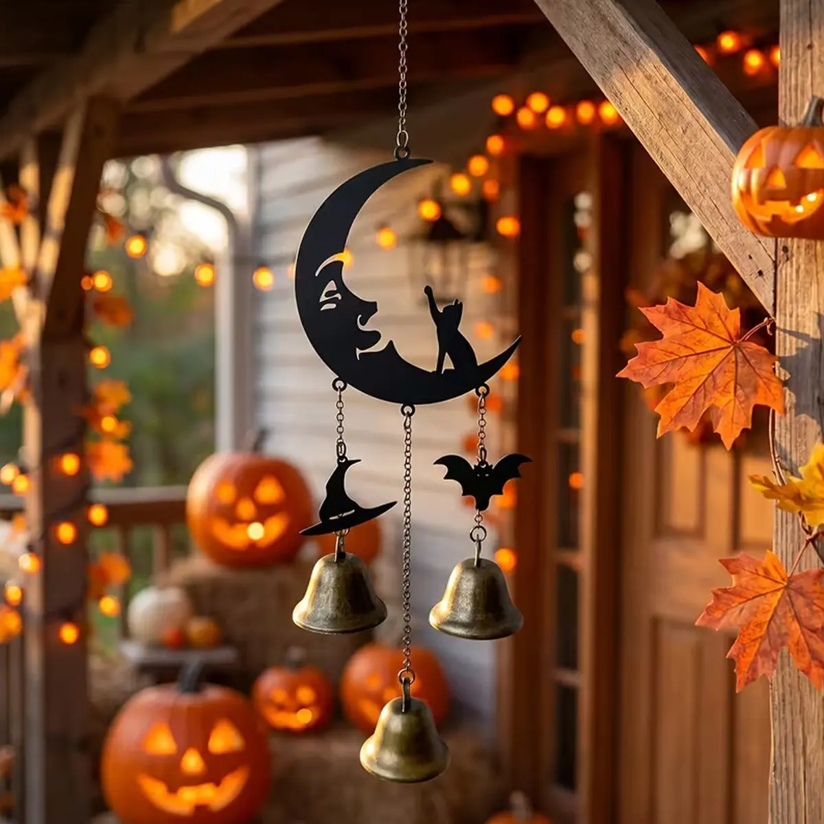 Halloween Metal Wind Chime with Moon and Cat Design, Vintage Bronze Bell Decor for Outdoor Patios, Balconies, Gardens