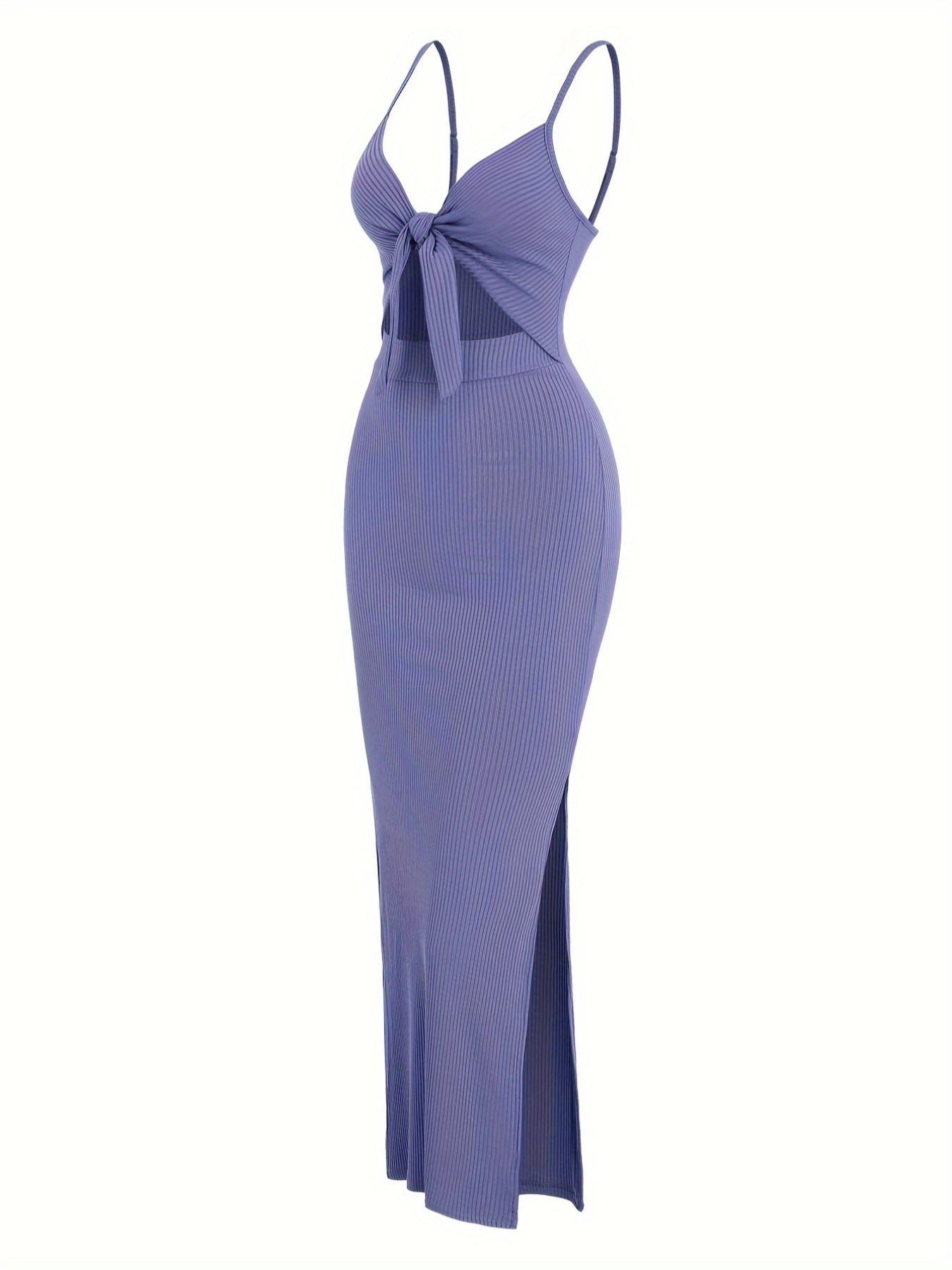 Women's Plain/denim-effect Print Cut Out Knot Front Spaghetti Strap Cami Dress, Sexy Backless Ribbed Bodycon Long Dress, Ladies Summer Clothes for Party Club Dating Wear