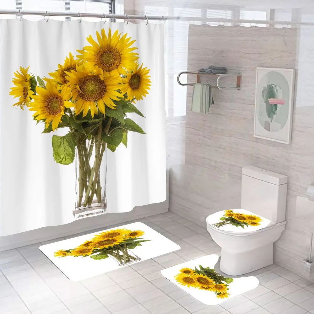 Waterproof Sunflower 4-Piece Bathroom Set - Flannel Water Bottle Shower Curtain, Toilet Seat Cover, Bath Mat, U-Shaped Toilet Mat, Water Proof