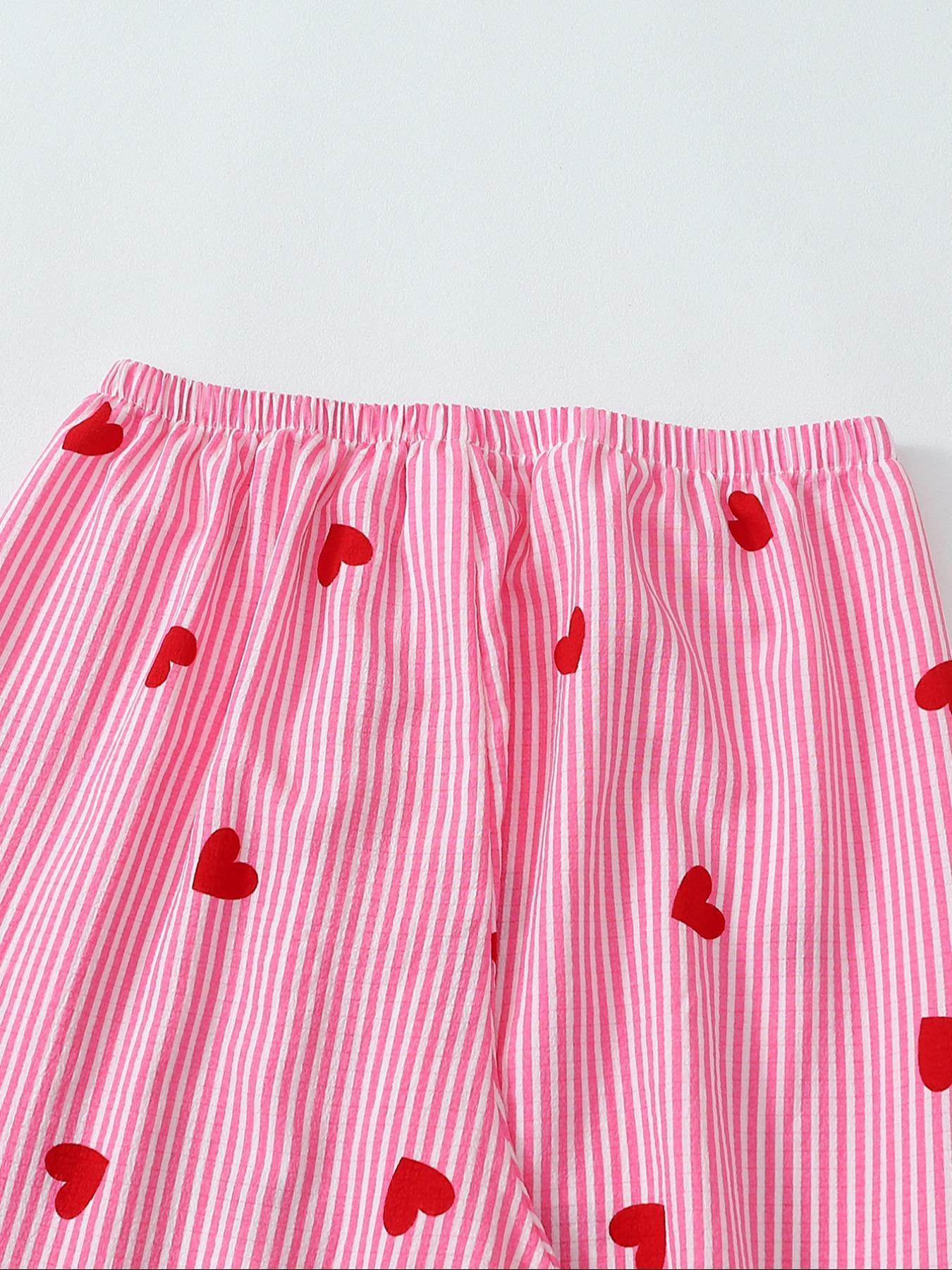 Women's Heart Print Short Sleeve Pajama, Casual Comfy Striped Print Lapel Neck Pocket Shirt & Pants PJ Set, Ladies Sleepwear for All Seasons, Loungewear