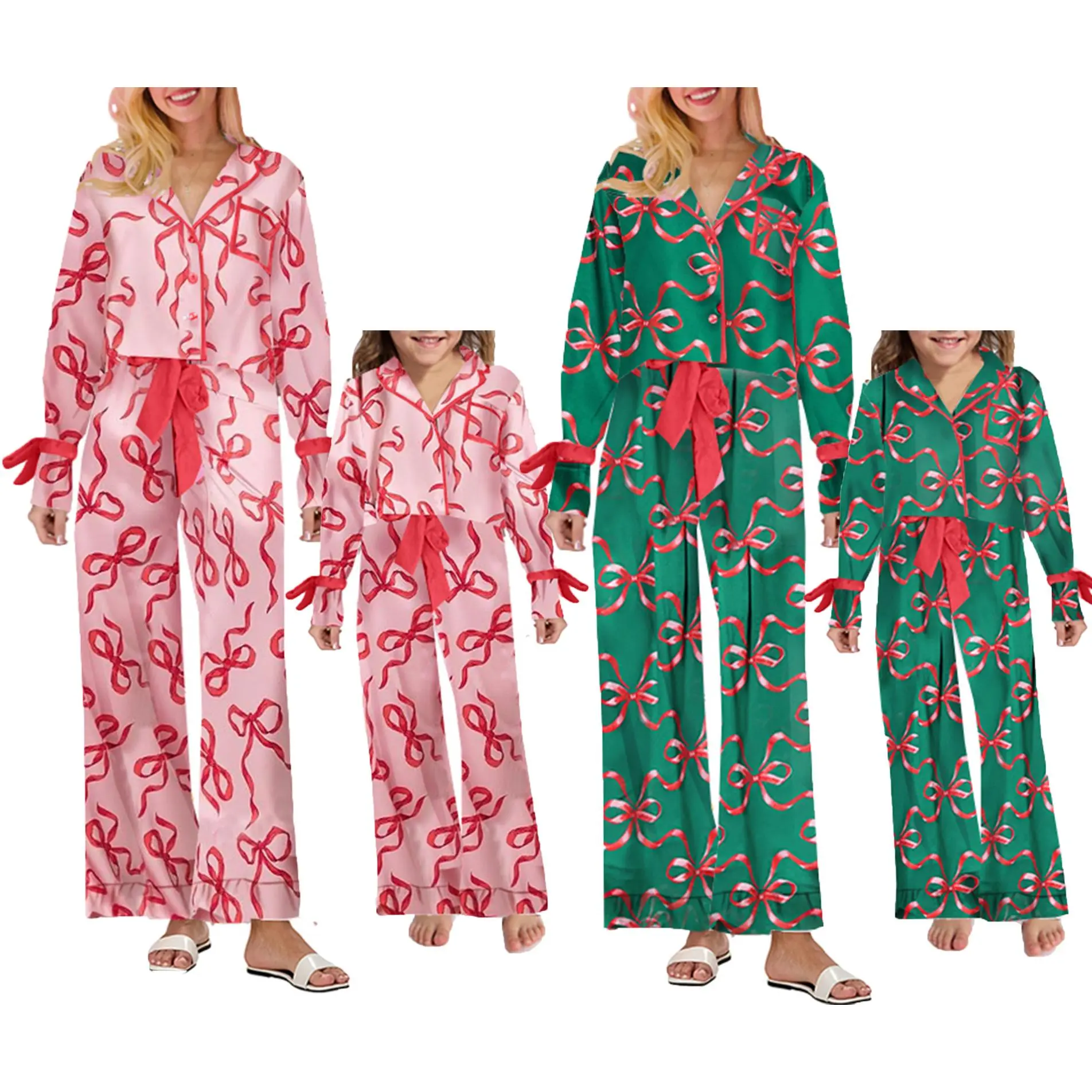 Babamoon Mommy & Me 2-Piece Matching Christmas Holiday Pajamas Set - Bow Print, Long-Sleeve Button-Down Tops, Drawstring Pants, Longsleeves Clothes for Baby & Maternity Sleepwear