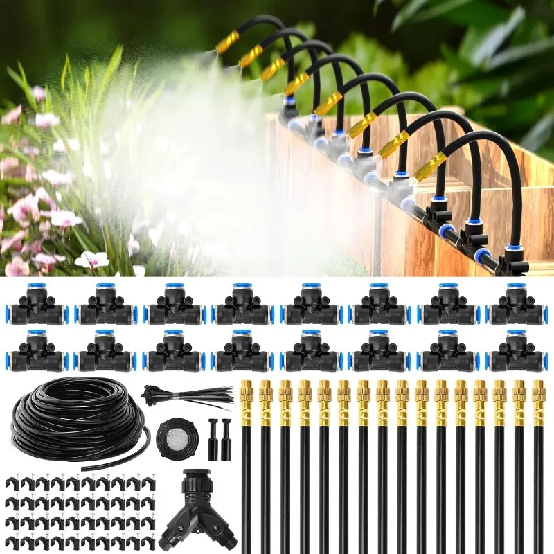 1/4" 100Ft Upgraded Drip Irrigation System Kit for Garden, with 16pcs 360°Adjustable Brass Nozzles & Bendable Rod, for Outdoor Plants, Lawn, backyard
