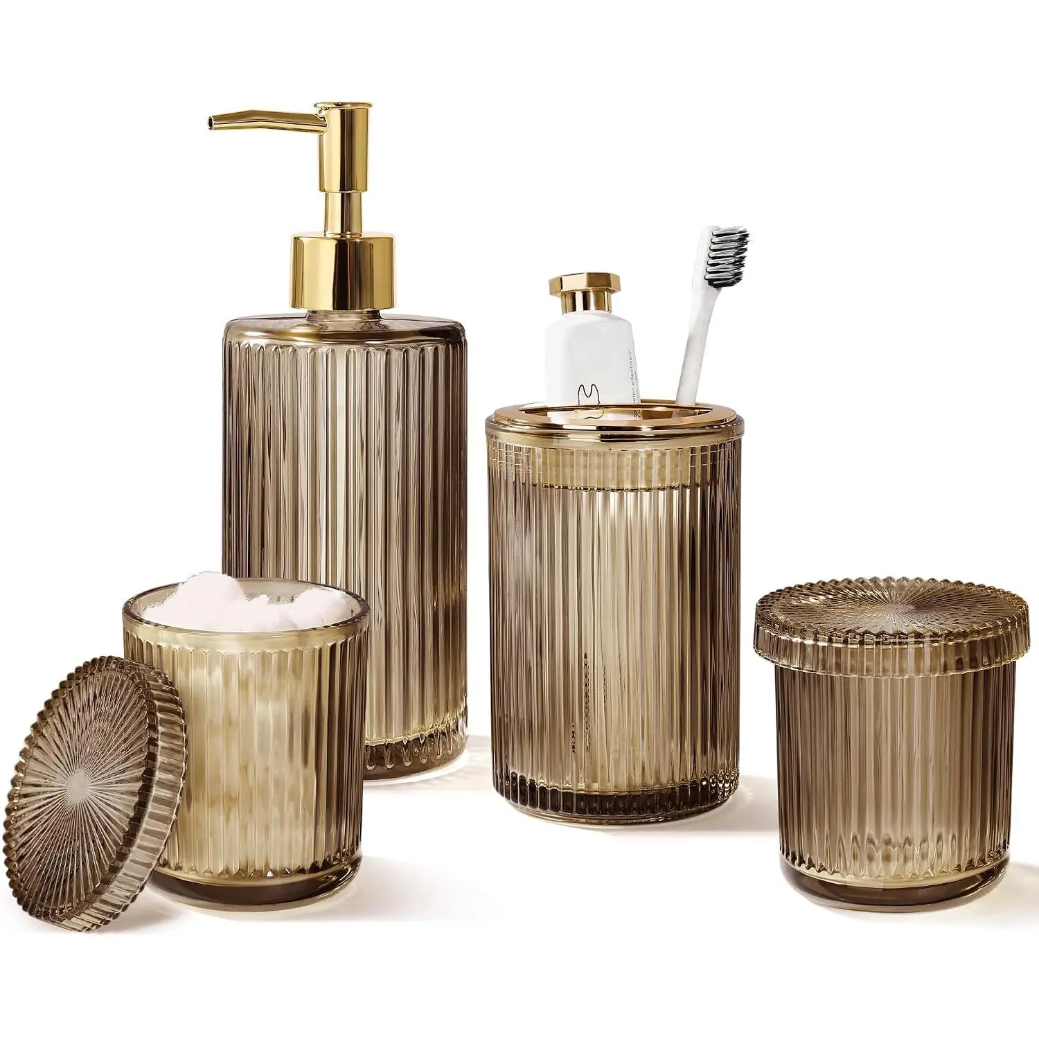 Brown Glass Bathroom Accessories 4 count, Brown Bathroom Set, Soap Dispenser and  Holder Set, Qtip Holder Set,  Bathroom Sink Set, Modern Bathroom Decor