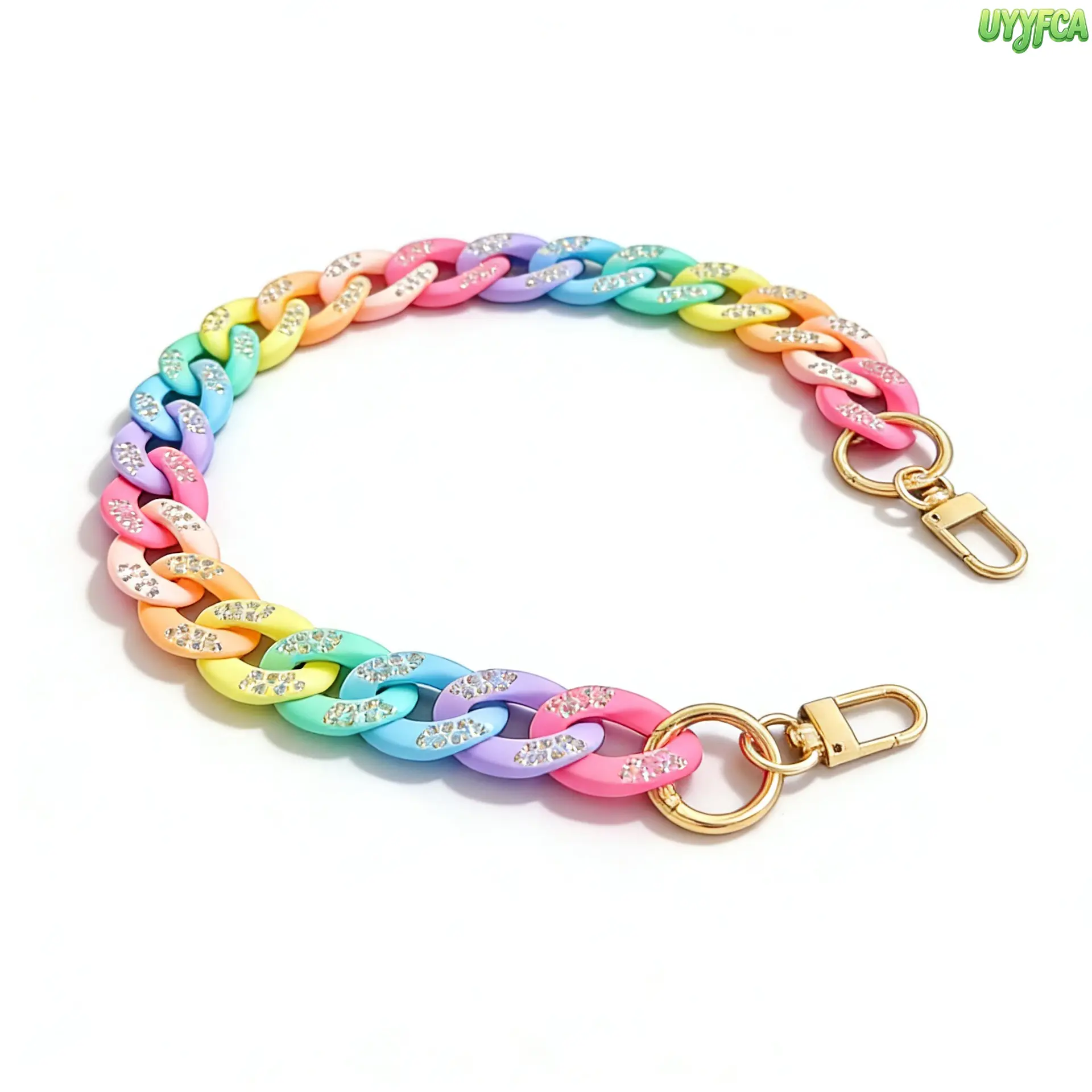 Y2K Matte Rhinestone Inlaid Acrylic Cuban Link Bag Chain, Pastel Rainbow Purse Strap With Gold Lobster Clasps,Chain Decor or Replacement Strap for Purses, Handbags Detachable Dual Use Wrist Chain,Phone Cases, Keys And Women's Gifts,Beach vacation