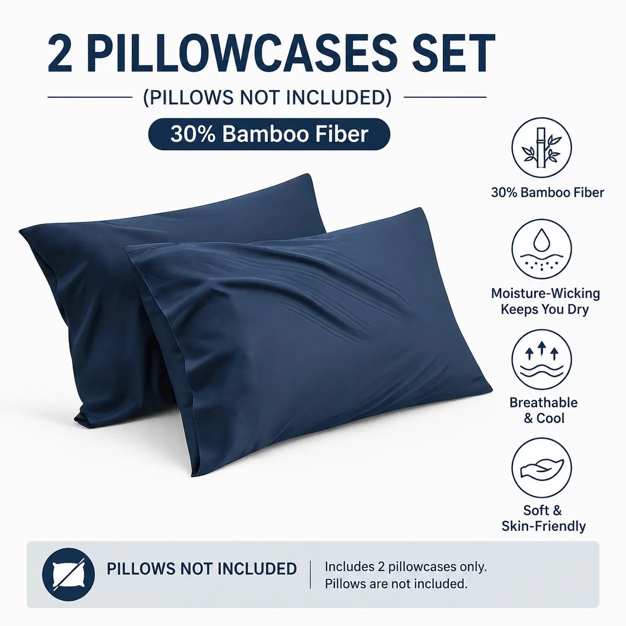 2-Pack Bamboo Fiber Pillowcases, Envelope Opening Design, Hypoallergenic, Moisture-Wicking, Breathable, Comfortable Bedding Accessories