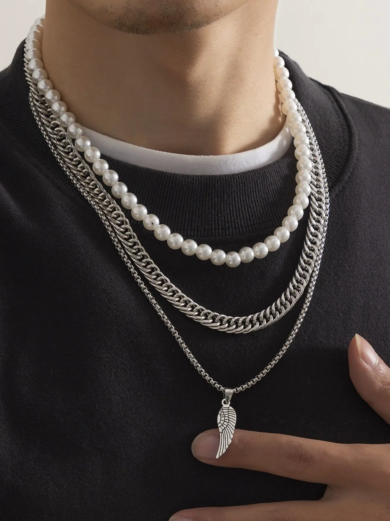 Vintage Pearl Cuban Chain Layer Necklace Men Feather Pendant Necklace Fashion Sweater Chain Jewelry Accessory