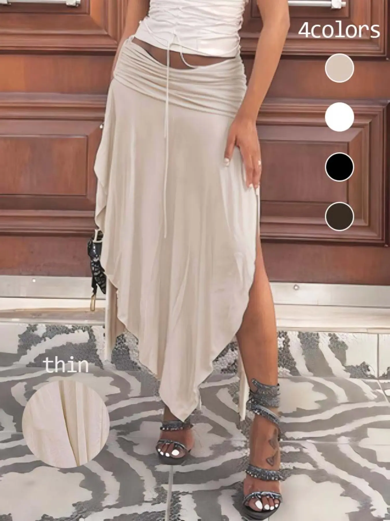 Vacation Casual Ruched Split Irregular Design Low Waist Long Skirt, Solid Color Skirt for Women