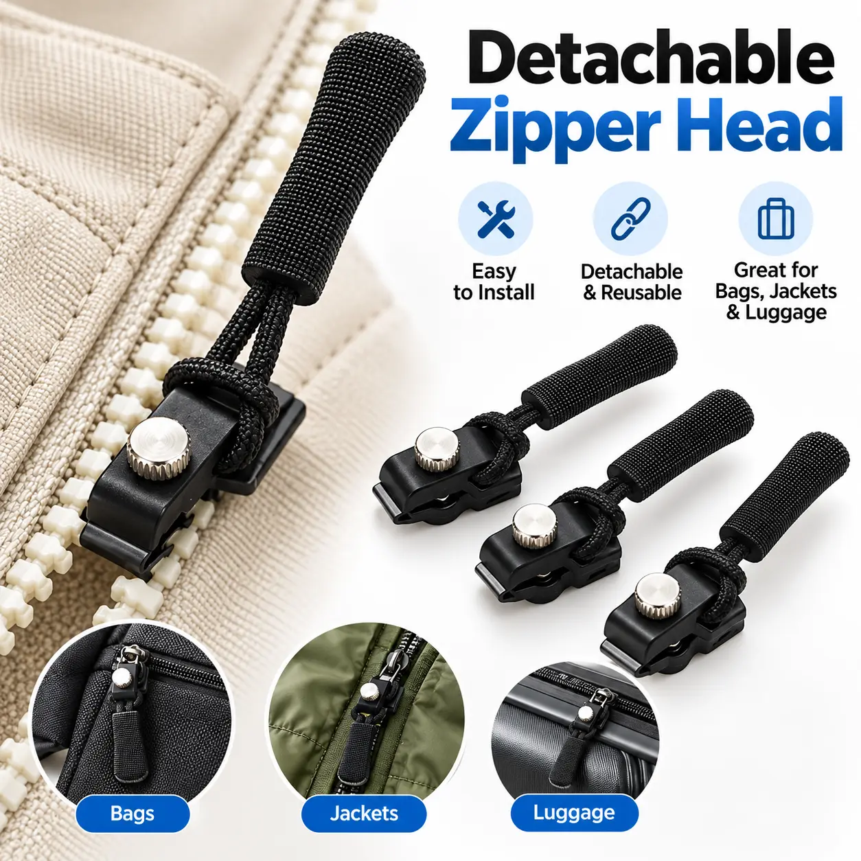 15PCS Zipper Repair Kit, 3-Size Detachable Replacement Zipper Pulls for Bags, Jackets, Clothes, Shoes & Boots, Tool-Free Quick Fix Fasteners