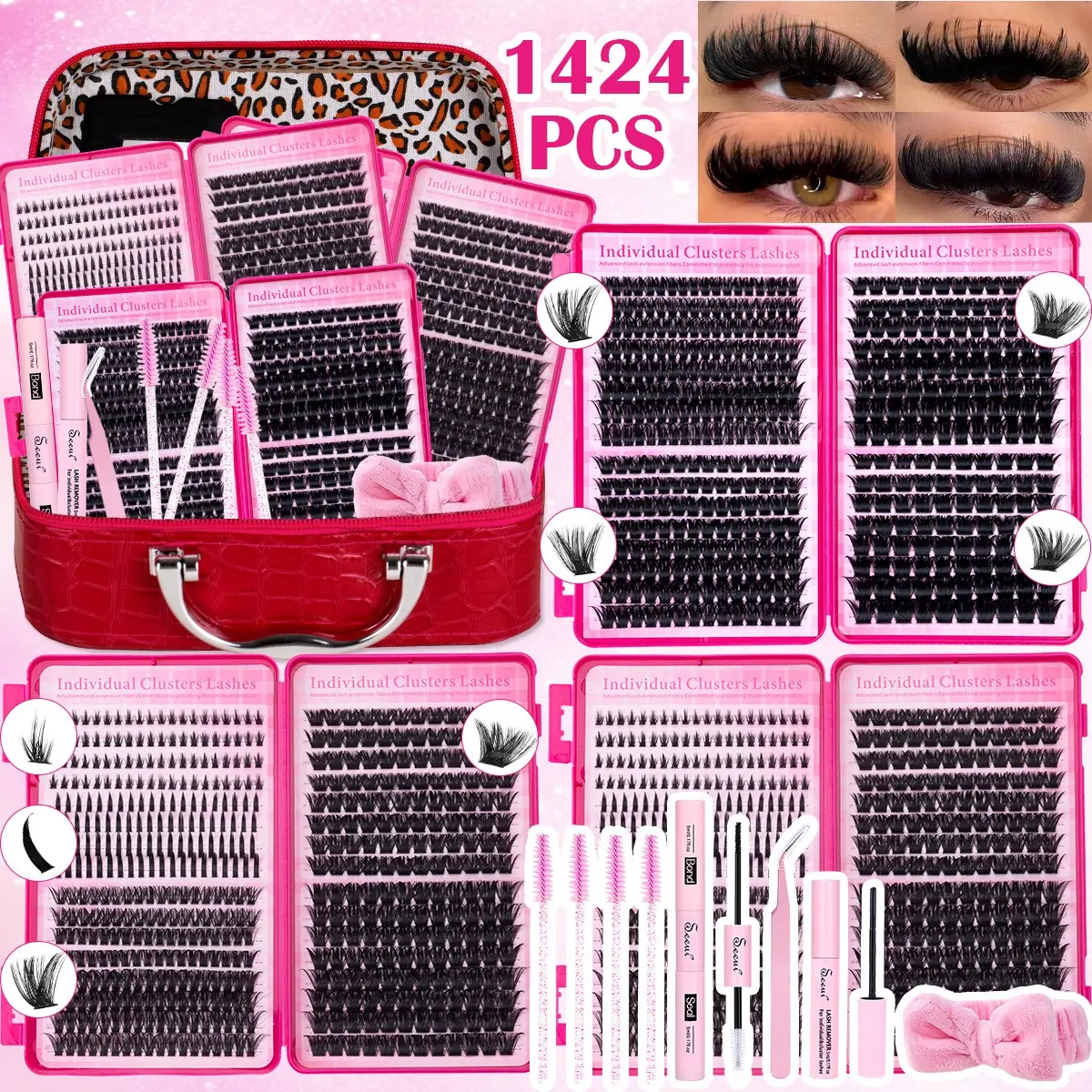 Mega Thick 100D-200D Spike Lash Clusters Gift Set, Baddie/ Dramatic, DIY Thick Lash Clusters with Bottom Lash, Soft Lightweight, Long Lasting, Includes Bond&Seal, Remover, Tweezers, Headband, Easily DIY Long-Lasting Salon Charm at Home