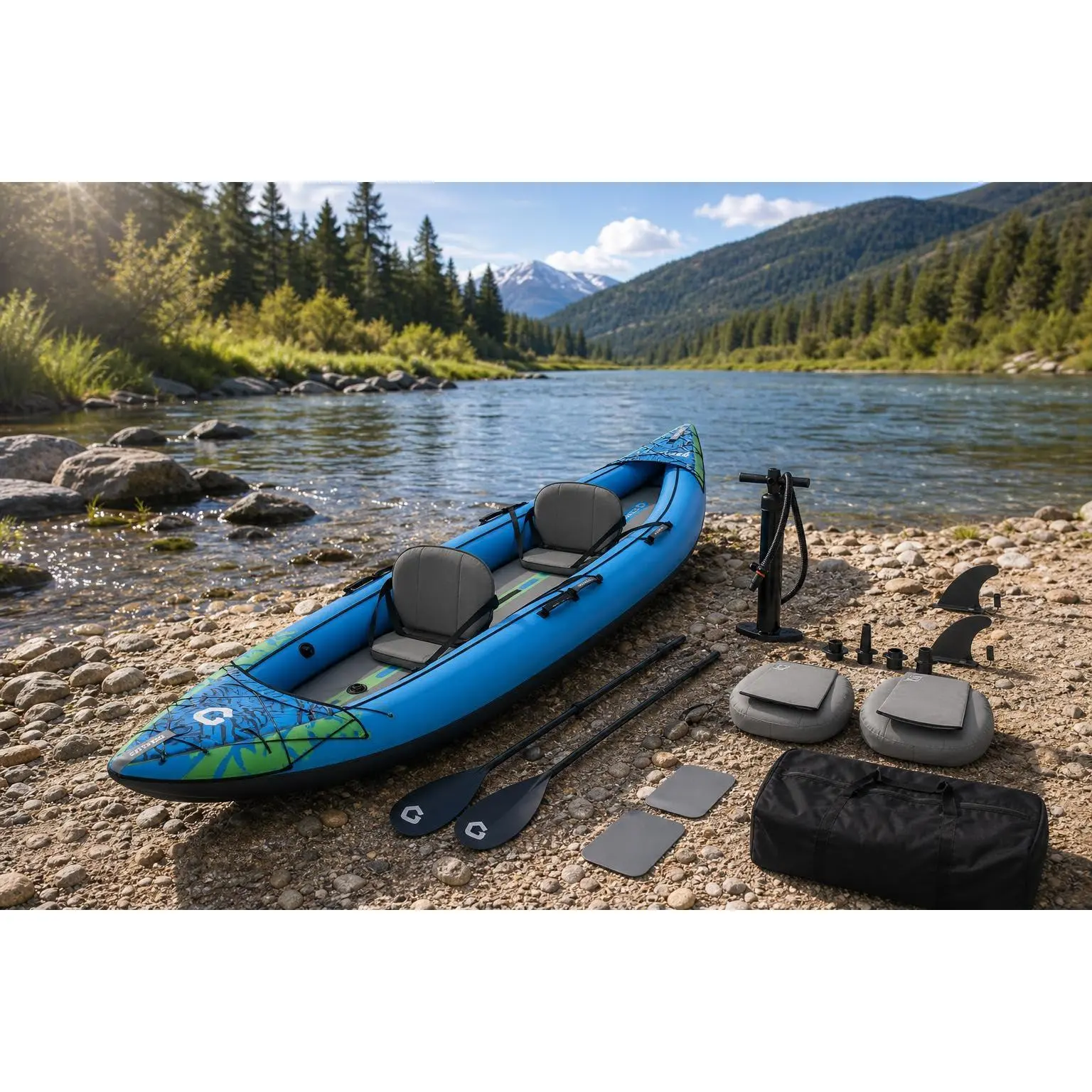 【GARVEE】Inflatable Kayak – Heavy-Duty PVC 2-Person Tandem Kayak with Adjustable Seats & Backrest – Aluminum Paddles, High-Output Pump – Portable Fishing Kayak for Lake, River, Ocean – Recreational Kayak