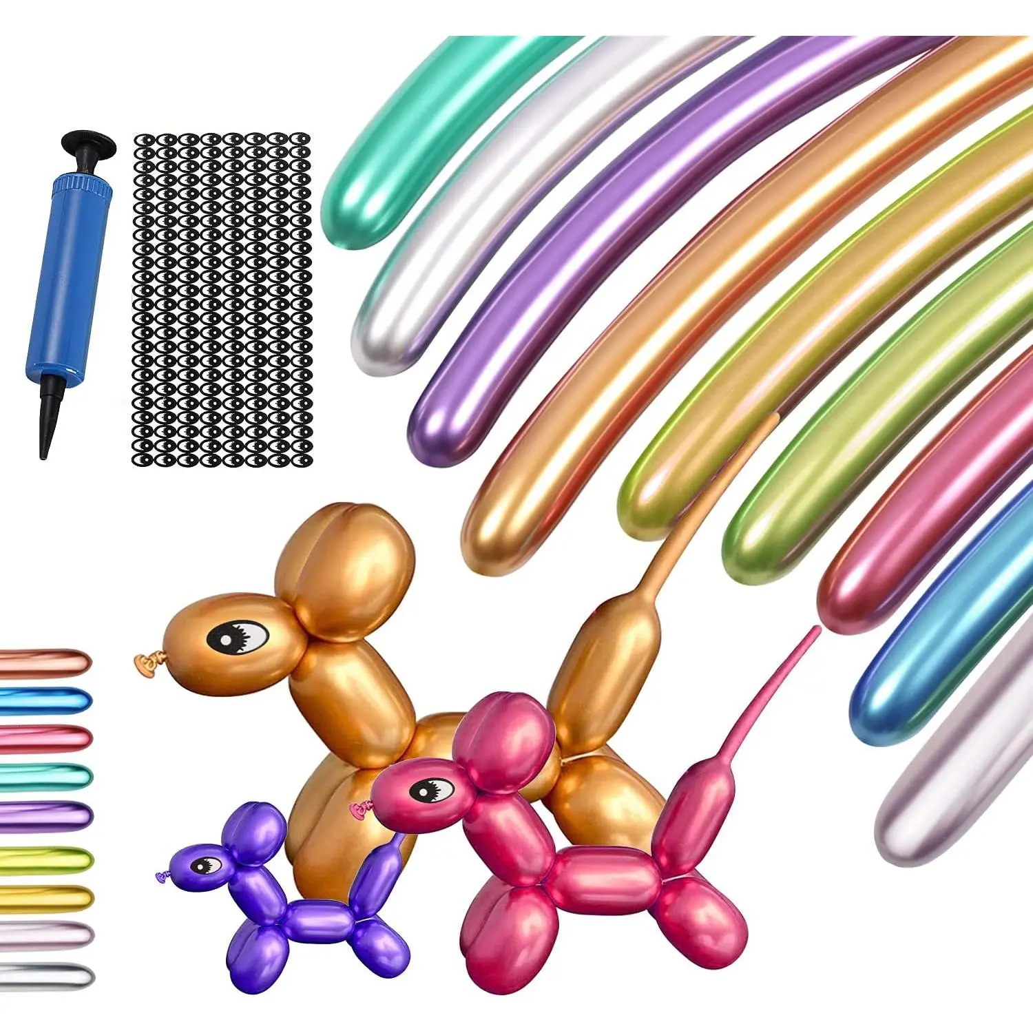100PCS Latex Long Twisting Balloons Kit - Colorful Balloons Assortment, Filling Pump, Animal Eye Stickers, Metallic & Chrome Mix, Clown Supplies for Animal Art, Magic Show, Birthday Decor (Home & Festive Party Needs), Clowns