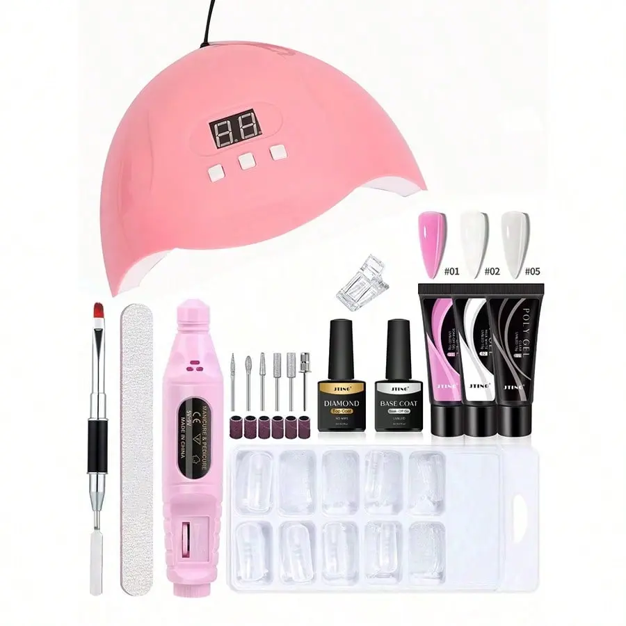 Complete Nail Art Kit, Includes Gel Extension Nails, Removable Base Coat, Non-Removable Face Paint, LED Curing Lamp, Professional Use, 17 Pieces