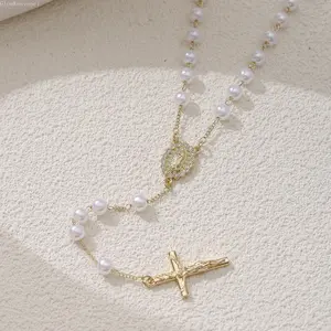 Womens Virgin Mary Rosary Necklace Rhinestone Centerpiece Gold Crucifix Pendant Round Faux Pearl Beaded Chain Daily Prayer Wear Baptism Gift Aesthetic Coquette Christian Jewelry Elegant Religious Accessory