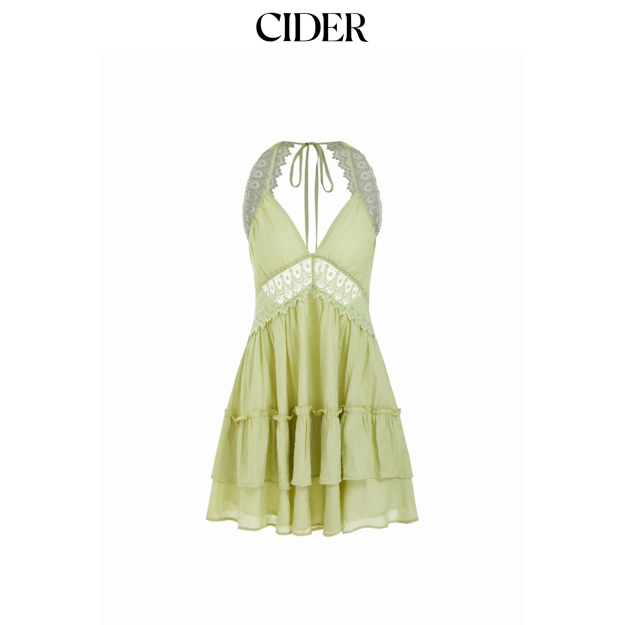 Cider V-neck Halter Neckline Backless Guipure Lace Layered A-line Mini Dress SohoChic