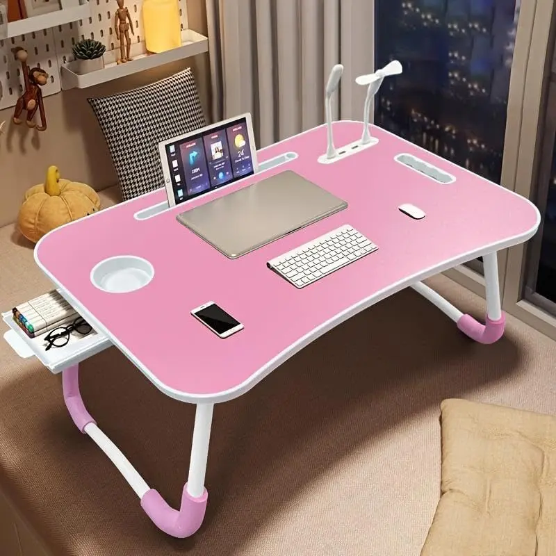 Pink Foldable Portable Laptop Desk with Cup Holder, LED Lights, Storage Drawer, Compact Multi-Use Workstation for Makeup Application, Reading, Entertainment