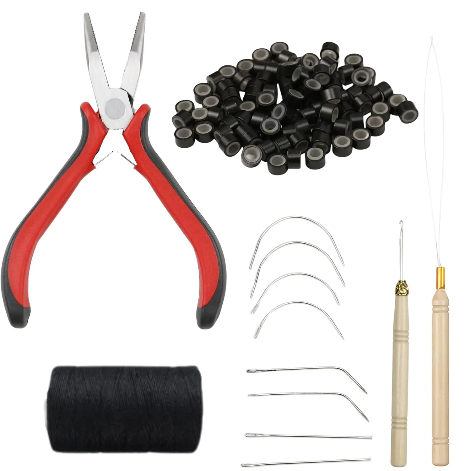 Black Weft Hair Extensions Tools Kit, 200 count  Lined Beads, 1 Plier, 1 Pulling , 1 Loop Threader, 1 Roll Sewing Thread, 8 types