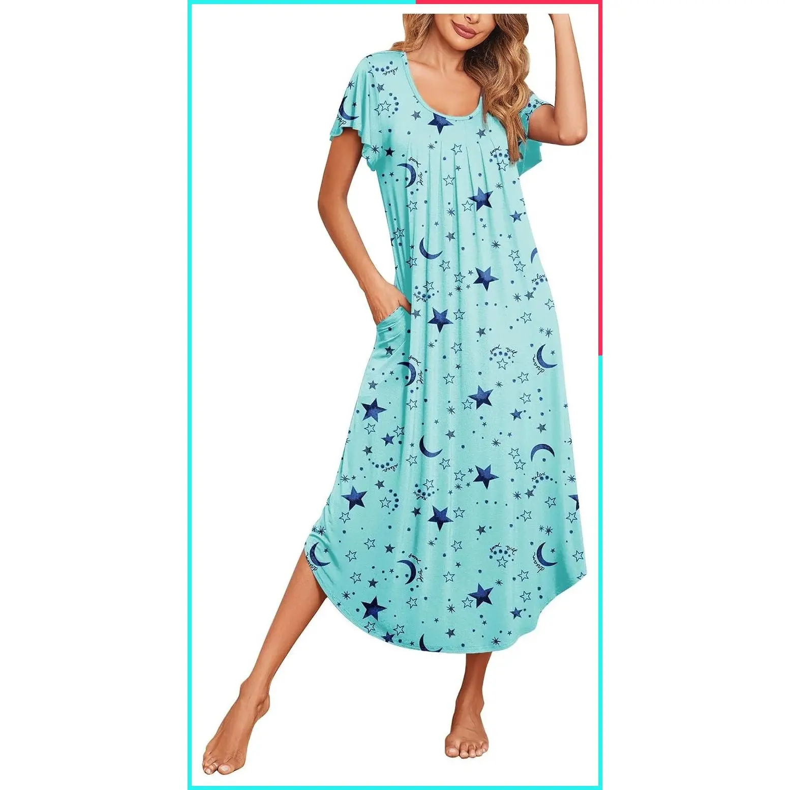 Women's Long Nightgowns with Pockets Short Sleeve Pleated Muumuu House Dresses Crew Neck Casual Maxi Dress Full Length Loungewear Plus Size Nightgowns for Casual Time