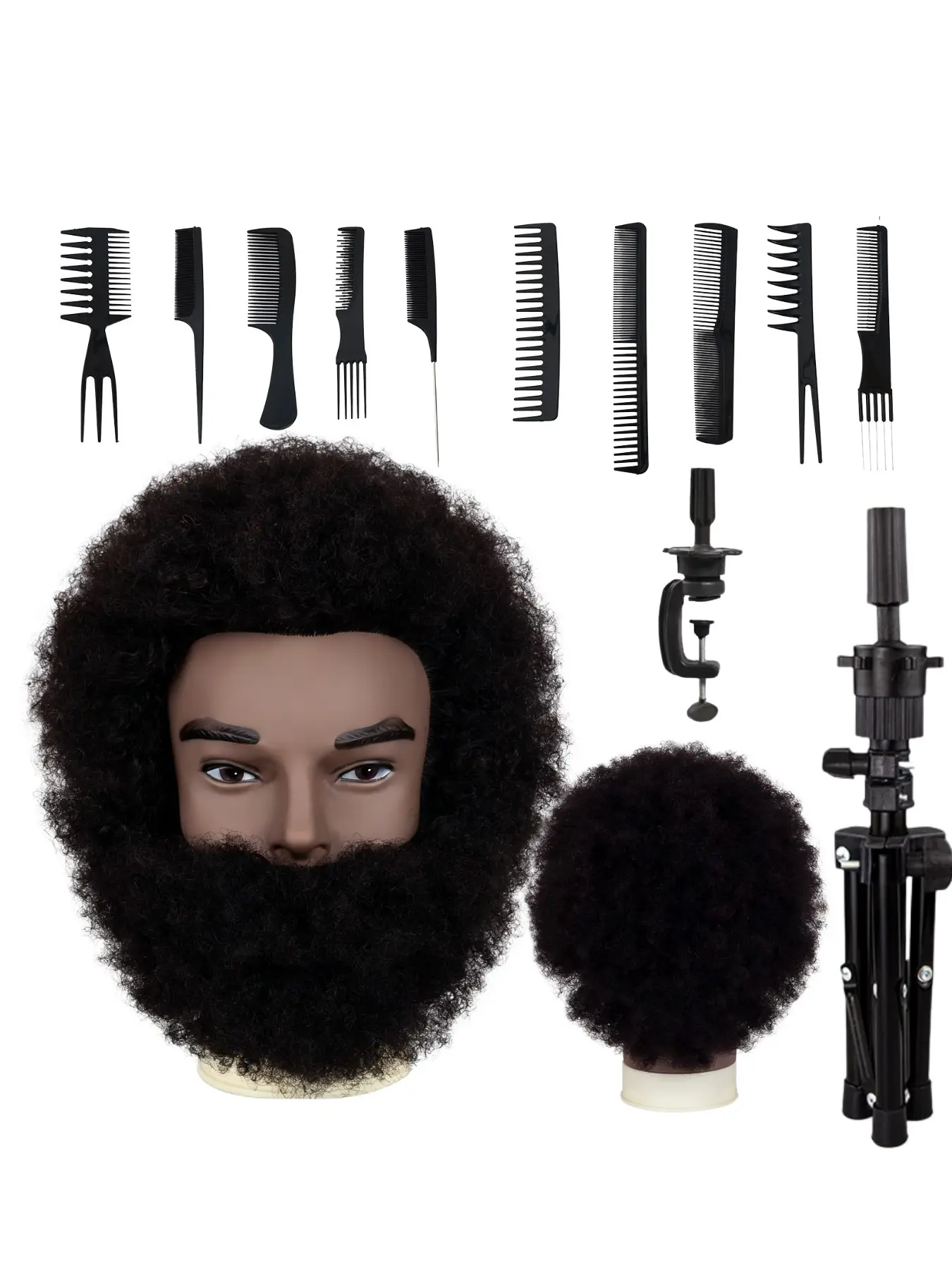 6 Inch Afro Male Mannequin Head With Complete Kit With Tripod Stand Clamp And Hair Comb Set Full Beard 100% Human Hair Natural Black Curly Training Manikin For African American Barbers Cosmetology Students Practice Braiding Fade Haircut And Beard Styling
