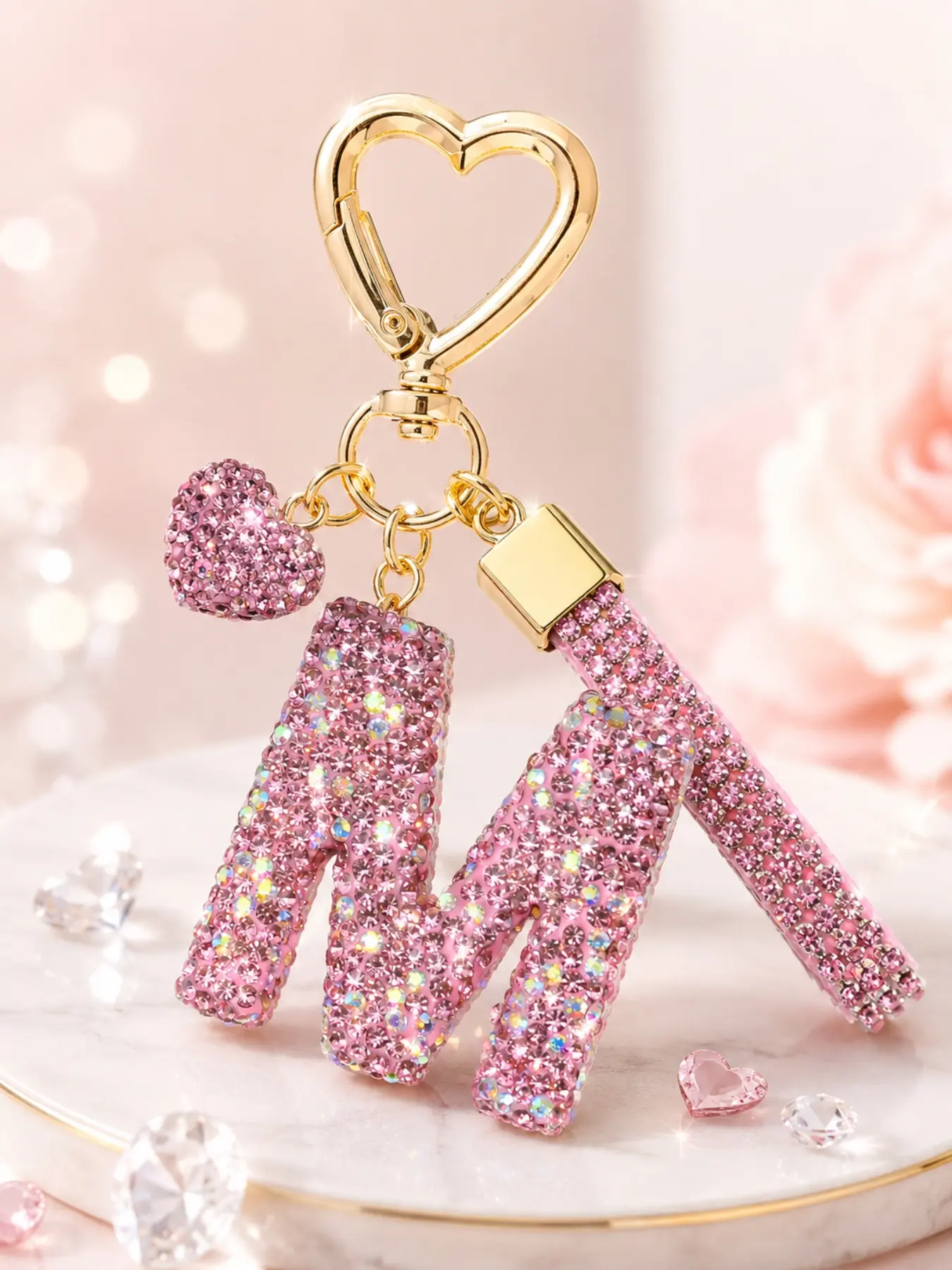 Elegant Rhinestone Letter Keychain, Heart Loop, Women's Daily Accessory, Backpack Car Decor, Valentine's Day Gift, Sparkling Keychain