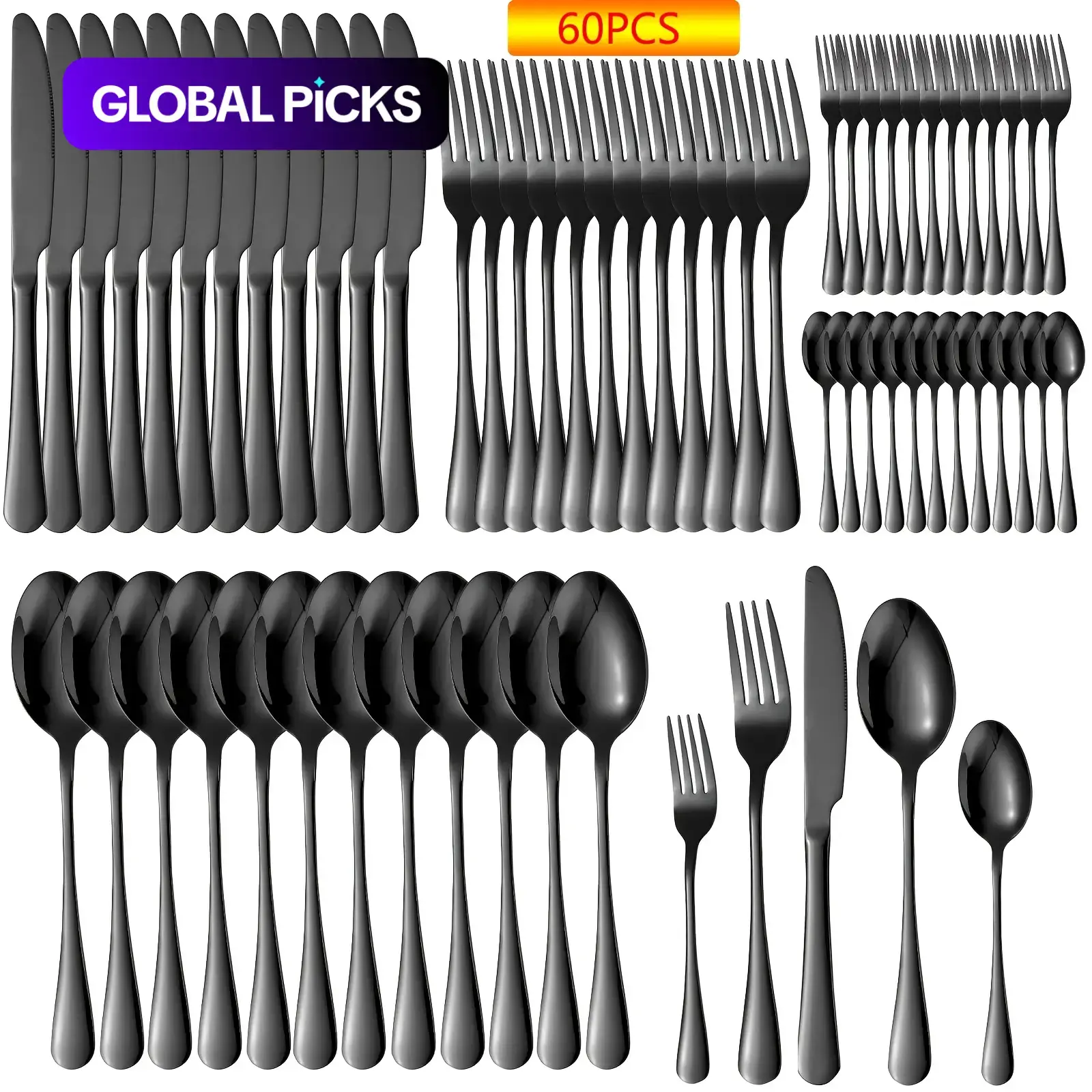 60-Piece Stainless Steel Food Grade Cutlery Set with Forks, Knives & Spoons, Durable Tableware, Flatware Service Set, Utensil Set for Kitchen and Dining Room, Modern Tableware Sets, Utensils Included #GLOBAL PICKS