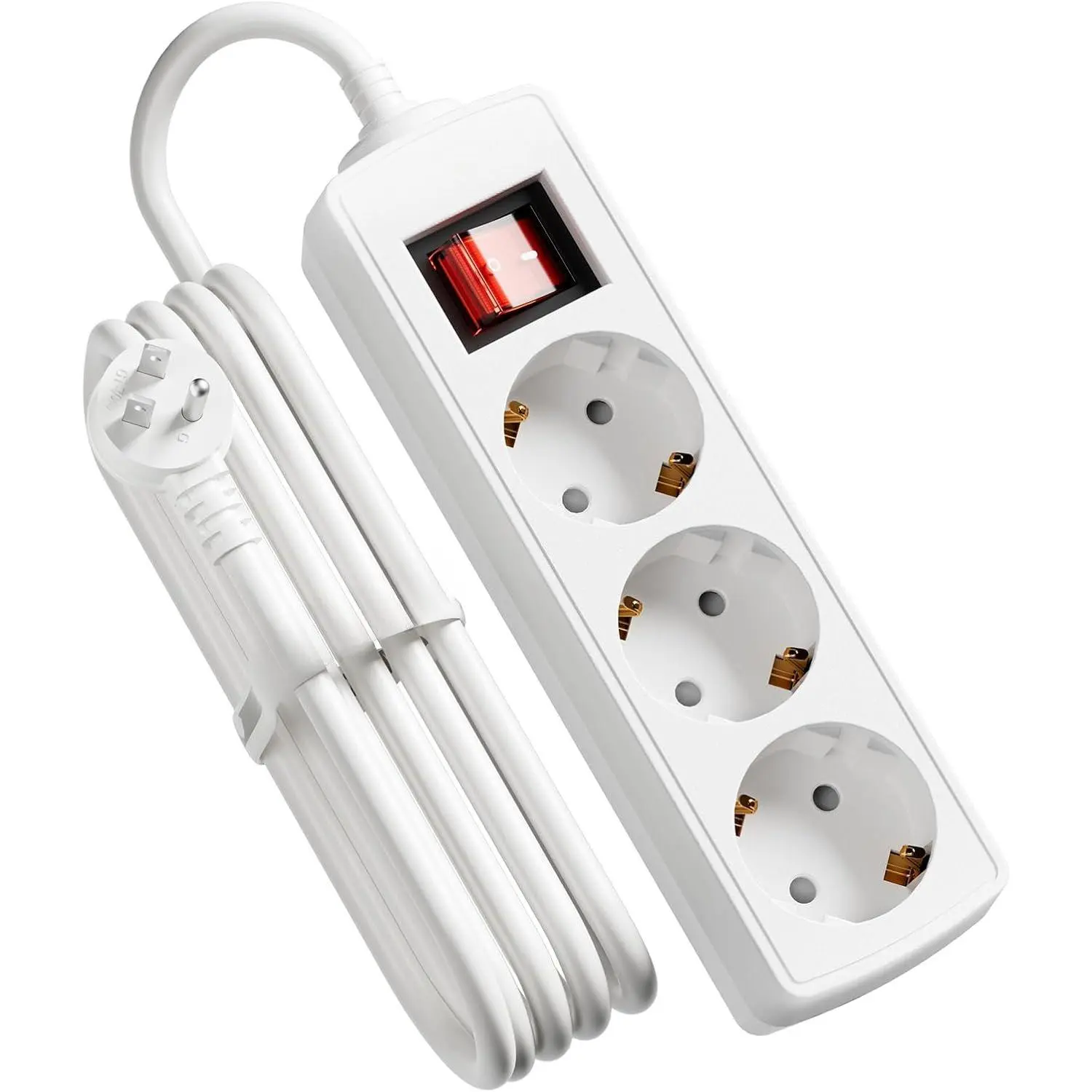 Multi-Outlet European Travel Plug Adapter - 3 AC Outlets, 13A/1625W, Overload Safe, Tied Cord, for European Devices Traveling from France, Spain, Travel Use