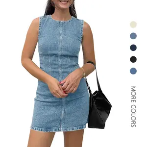 Danedvi Womens Denim Mini Dress Casual Sleeveless Crewneck Summer Jean Tank Dresses Blue Womenswear