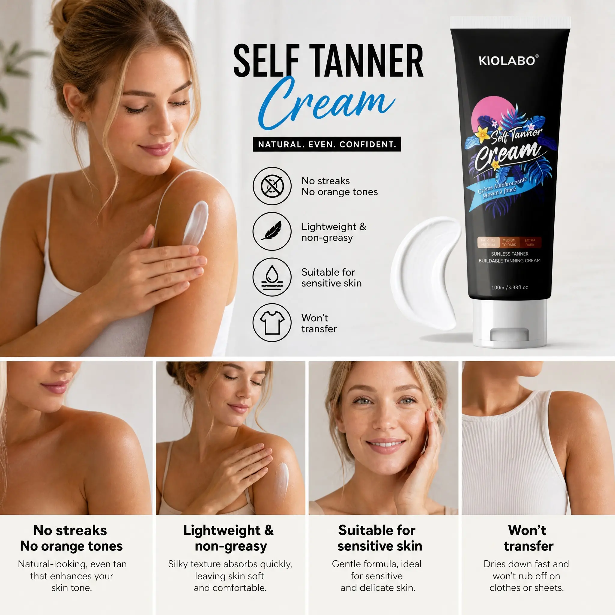 Self Tanner Cream 100ml / 3.38 fl.oz, Natural Sunless Tanning, Streak-Free, No Orange, Buildable Tanning Cream for Face & Body, Medium to Dark Shades Available
