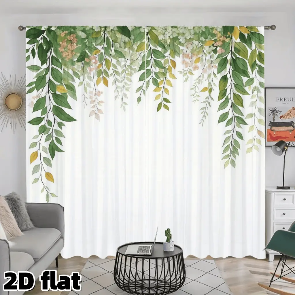 2D Flat 2Pcs Botanical Leaf Print Curtains Fresh Green Yellow Leaves Pattern Rod Pocket Design Semi Sheer Polyester White Background Panels Suitable for Living Room Bedroom Kitchen Window Treatment Nature Style Home Decor Privacy Protection