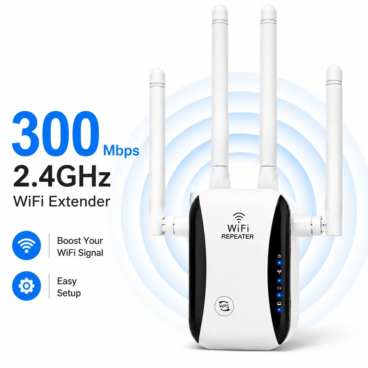 WiFi Extender With Ethernet Port WiFi Signal Booster, 2.4GHz 300Mbps Wireless Repeater for Large Home Coverage, Extend Internet Signal Up to 5000 Sq.Ft, 4 Antennas Design, Ethernet Port, Simple Setup for Bedroom Office