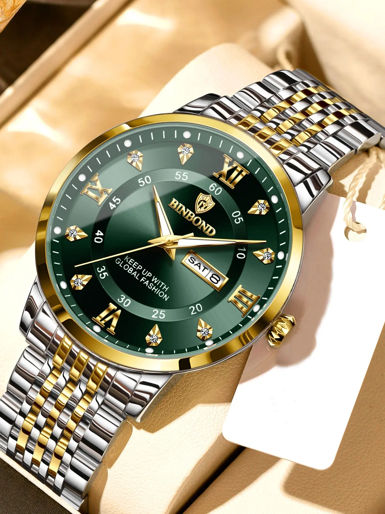 BINBOND B868 Fashion Business Watch Calendar Waterproof Diamond Roman Scale Dial Quartz Watches for Men, Quartz Analog Wristwatch, Fashion Watch for Party, Daily Clothing Decor, Watch for Birthday Gift, with Box, Diamond Wrist Watch