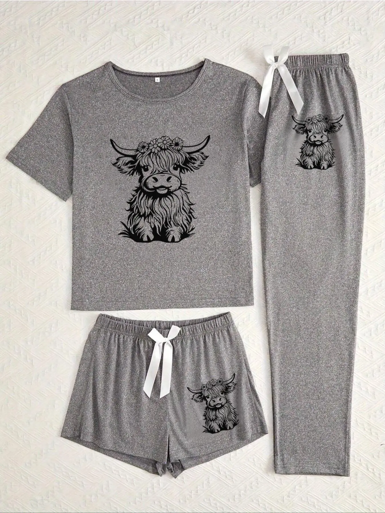 Women's Cow Print Tee & Short & Pants Pyjama Set, Casual Comfy Knit Round Neck Short Sleeve T-shirt & Trousers Set, Ladies Sleepwear Pajamas for All Seasons, Loungewear Shorts Sets