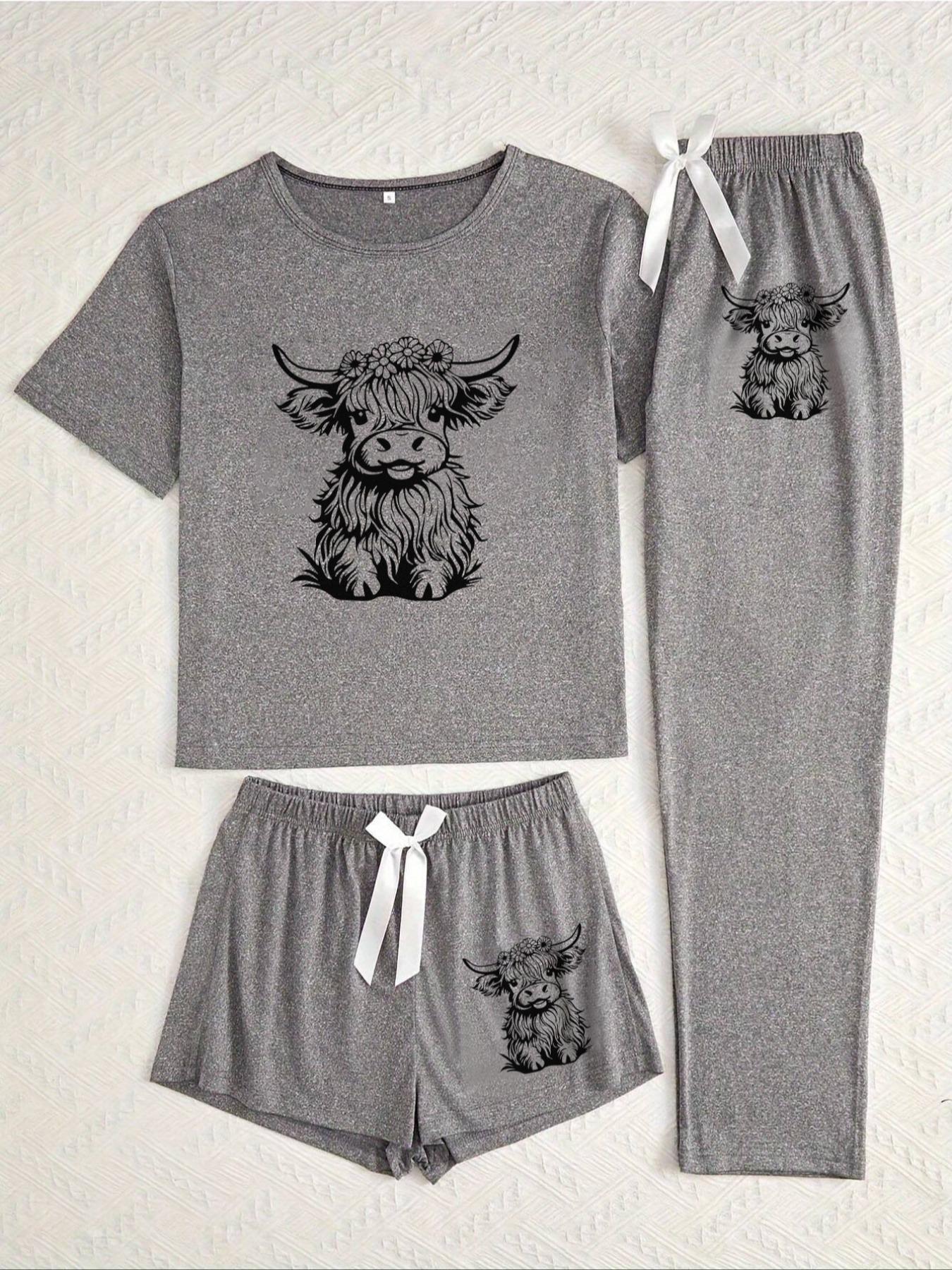 Women's Cow Print Round Neck Short Sleeve Tee & Shorts & Pants Pyjama Set, Pajamas, Casual Comfy Ladies Sleepwear for All Seasons