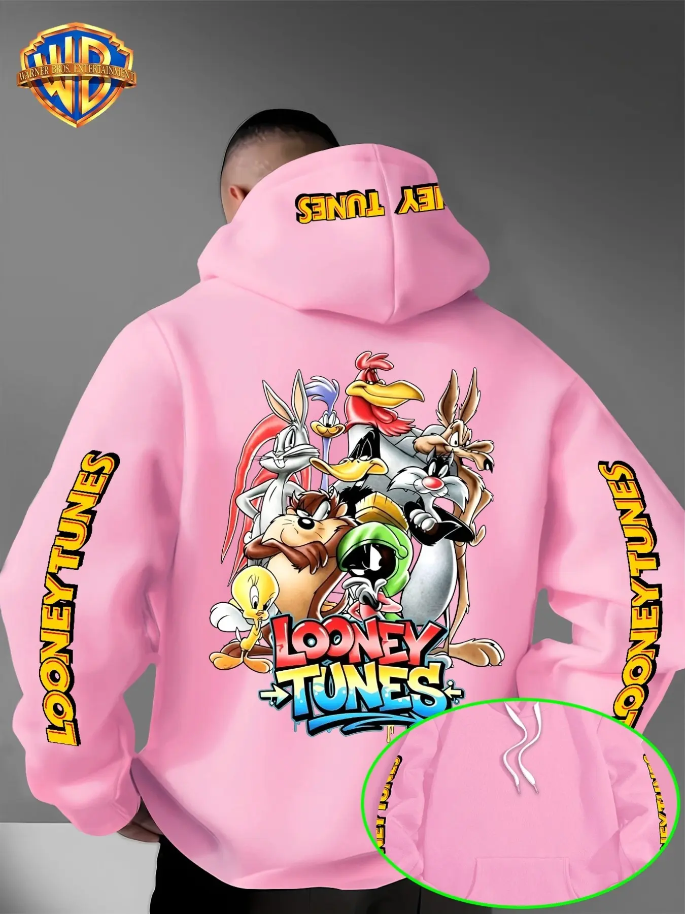 Warner Bros Men's Looney Tunes Gradient Print Hoodie, Vintage Cartoon Character Pullover, Casual Retro Streetwear with Hat