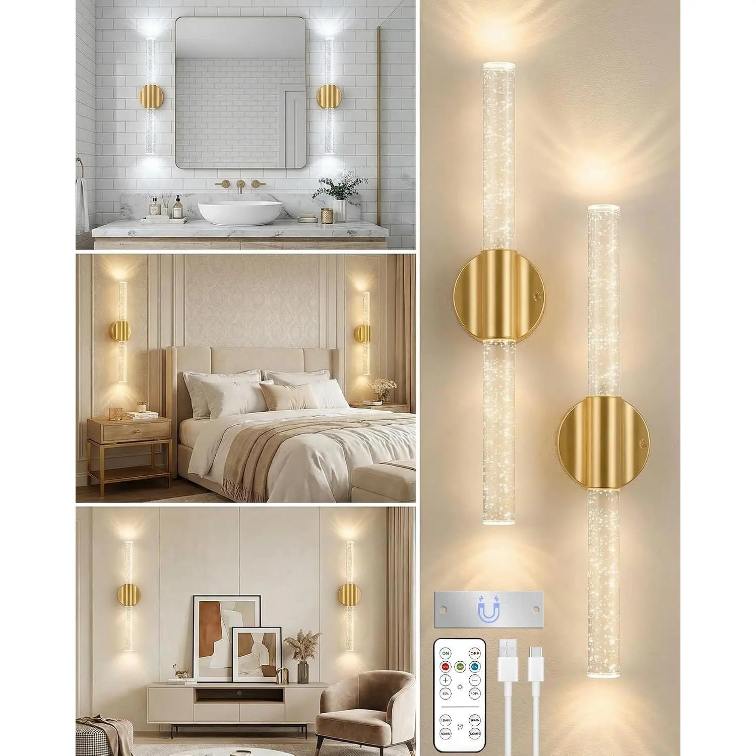 Peel and Stick on Wall Sconce set of 2, Rechargeable No Drill Gold Wireless Magnetic Battery Operated Wall Lights with Remote, Dimmable Cordless Wall Lamps for Bedroom Living Room Bathroom Decor