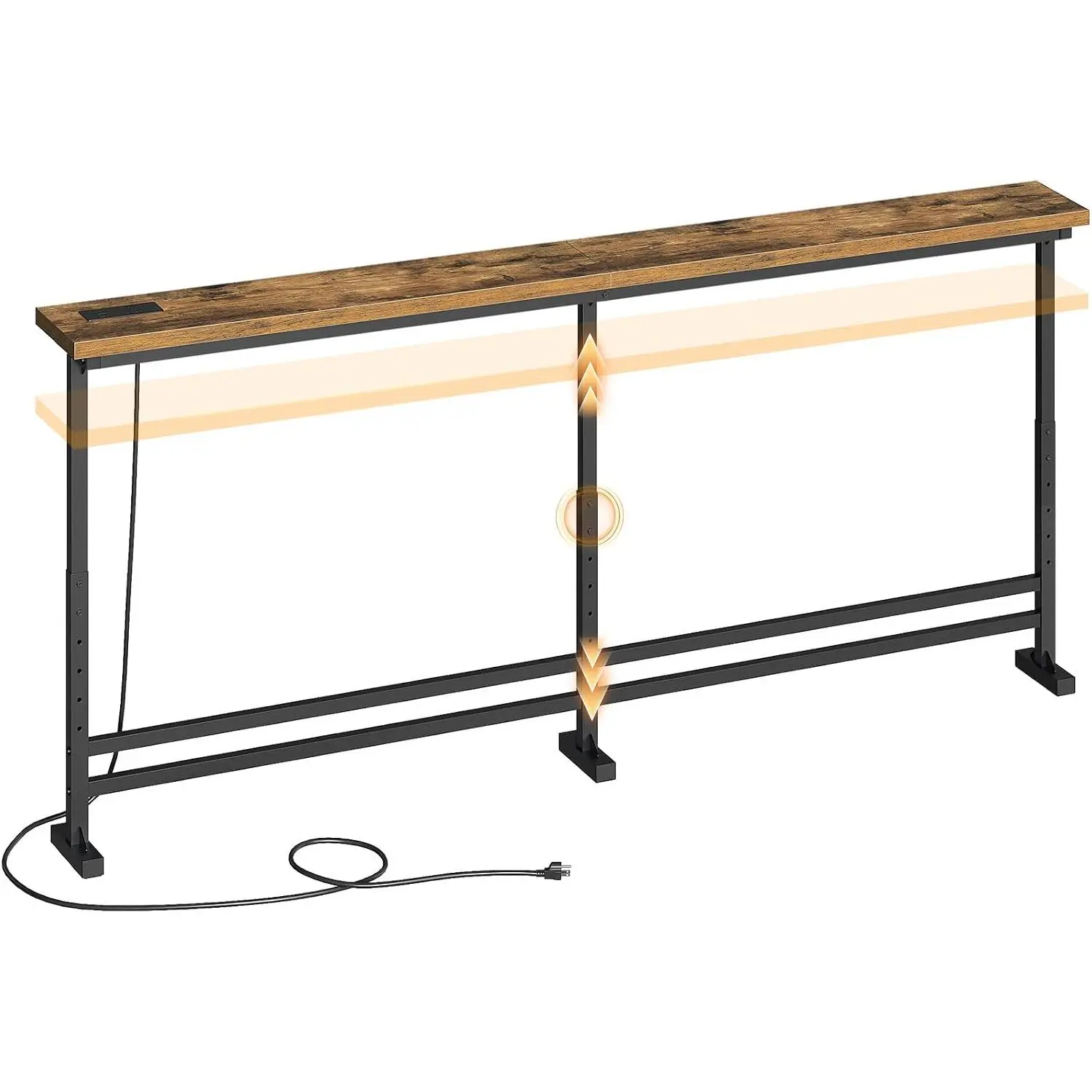 70.9" Console Table with Adjustable Height (27.6"-35.4") and Power Outlet, Skinny Behind Couch Table, Narrow Long Sofa Table for Living Room, Hallway, Entryway, Rustic Brown and Black CT08UBR