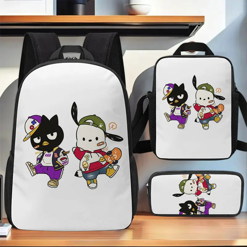 3-in-1 Waterproof Oxford Cloth Backpack Combo Kit - Insulated Lunch Bag, Pencil Pouch, Streetwear Style Sanrio Badtz-Maru Art, Pochacco Print, Dual Zips, Breathable Padded Straps for School/Outdoor Use