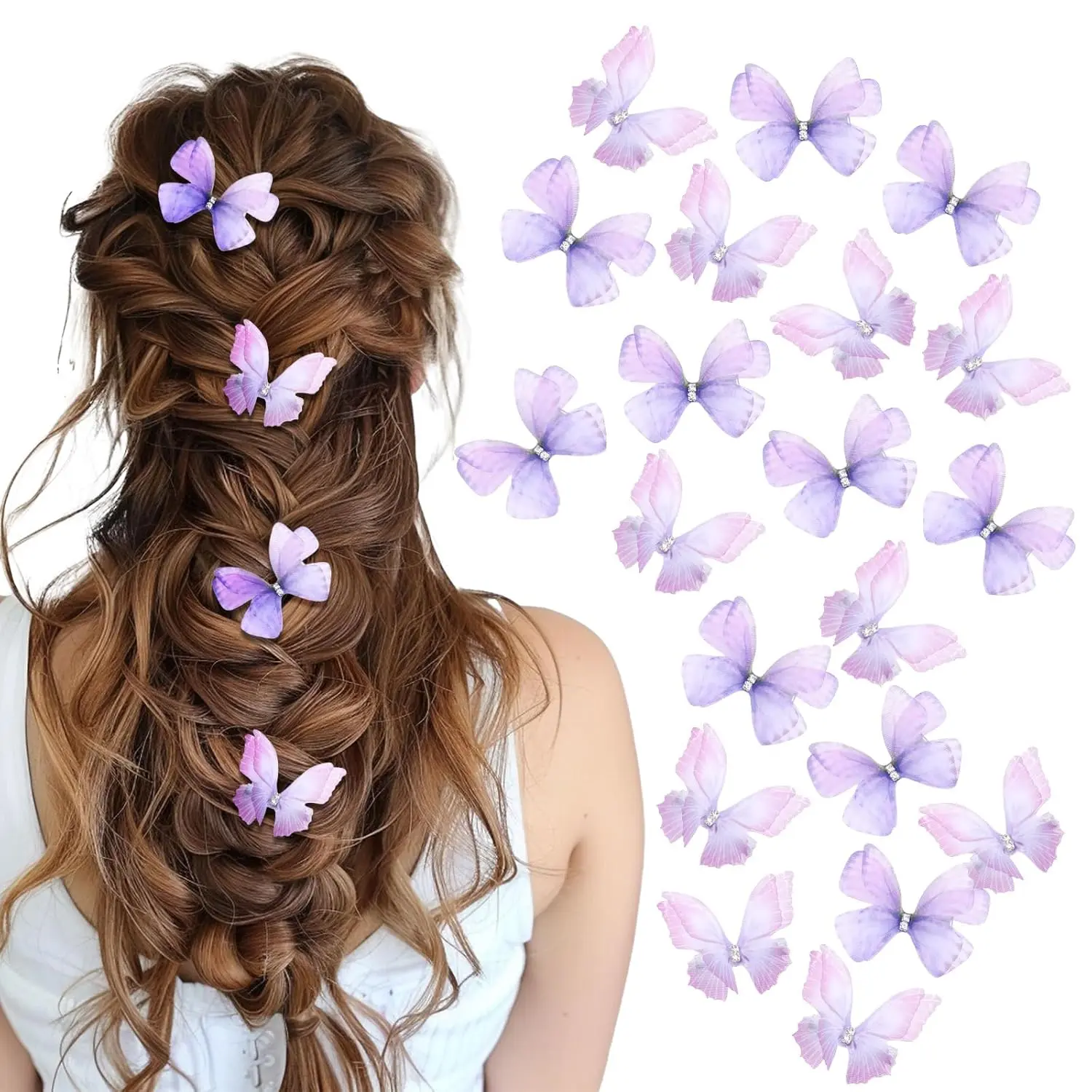 20 Pcs Moving Butterfly Hair Clips for Women, Glitter 3D Realistic Purple Y2K Hair Barrettes, Cute Kawaii Hair Claws, Hair Accessories for Teens Gifts