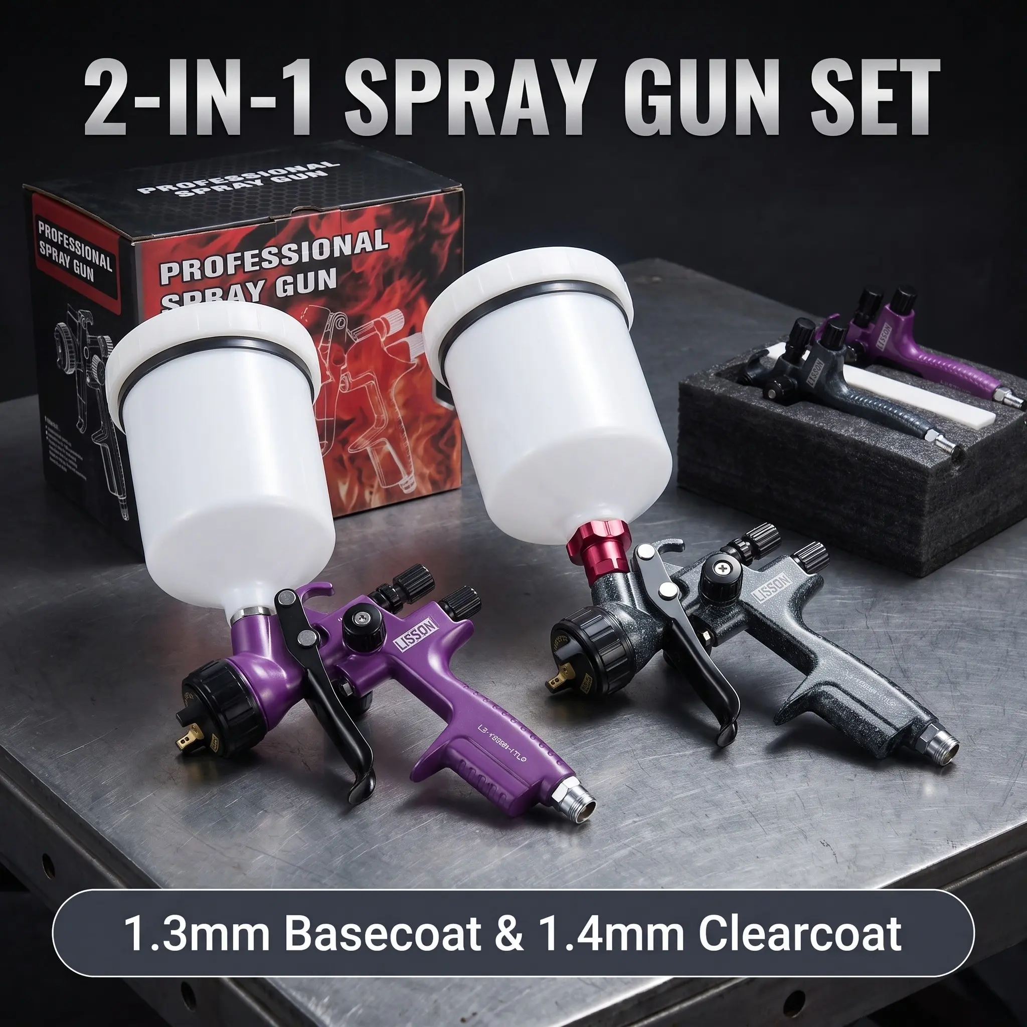 2 In 1 Auto Paint Spray Gun Set Paint Guns Automotive 1.3mm Camouflage Basecoat +1.4mm Purple Clearcoat HVLP Low Pressure Atomization Air Paint Gun Paint Spraying Tool For Car Body Repair DIY Painting Tool Kit