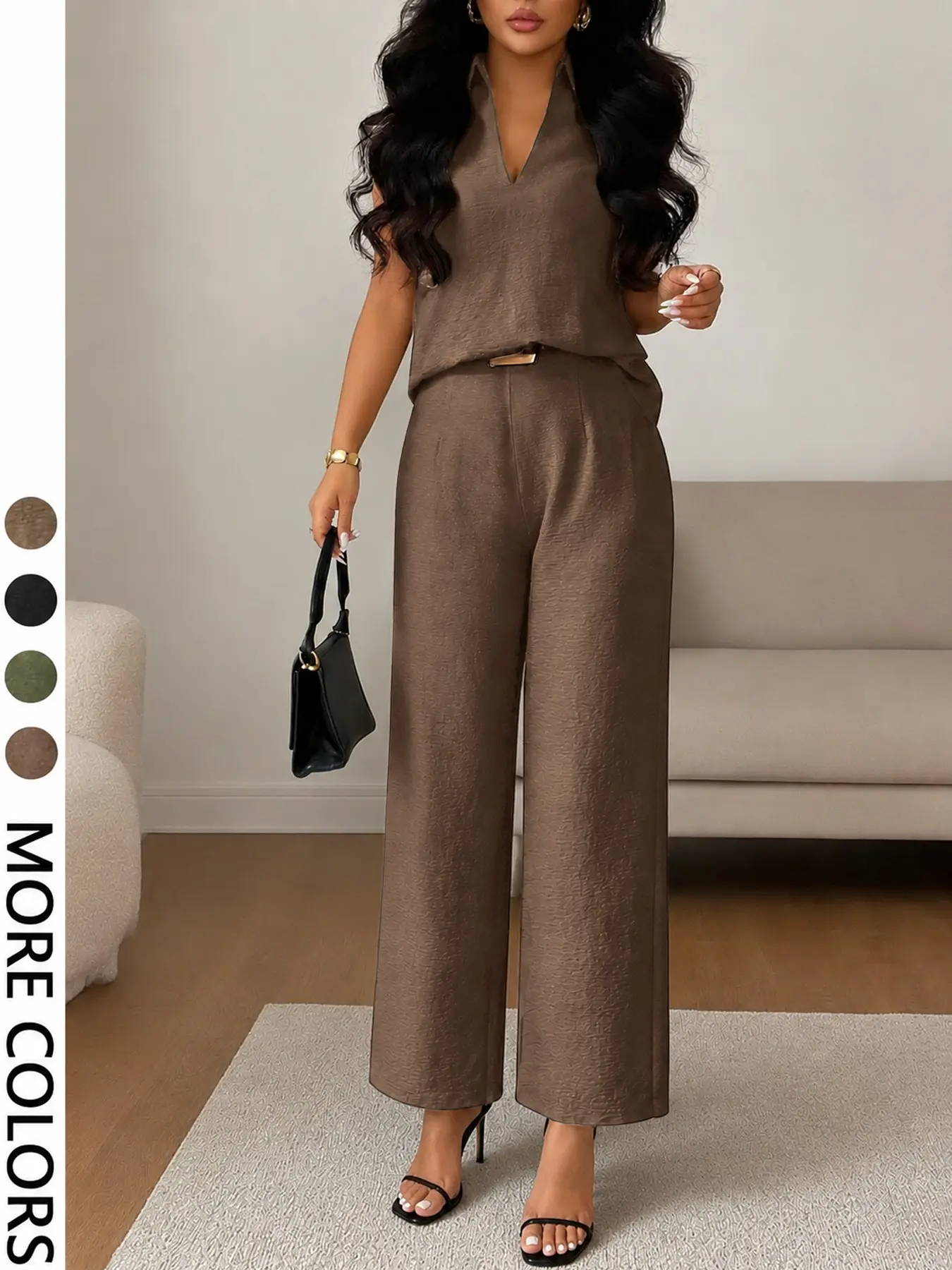 Women's Fashion Casual solid V Neck Lapel Collar Sleeveless Top with Loose Straight Pants Set Outfit, 2 Piece for Daily Wear Clothes Basic