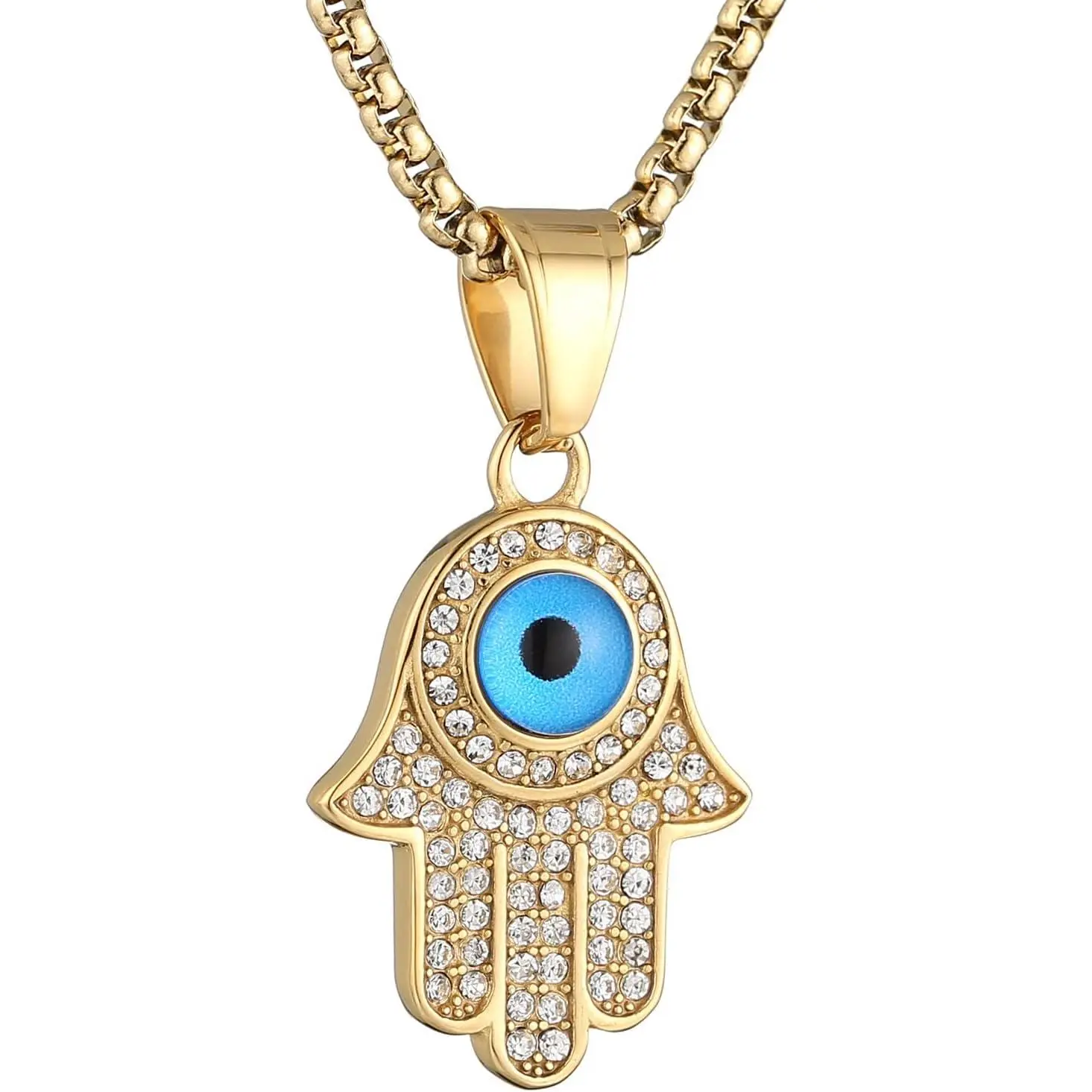 18K Gold Plated Hamsa Necklace for Men Women Stainless Steel Vintage Evil Eye Hand of Fatima Necklace Jewelry Gift