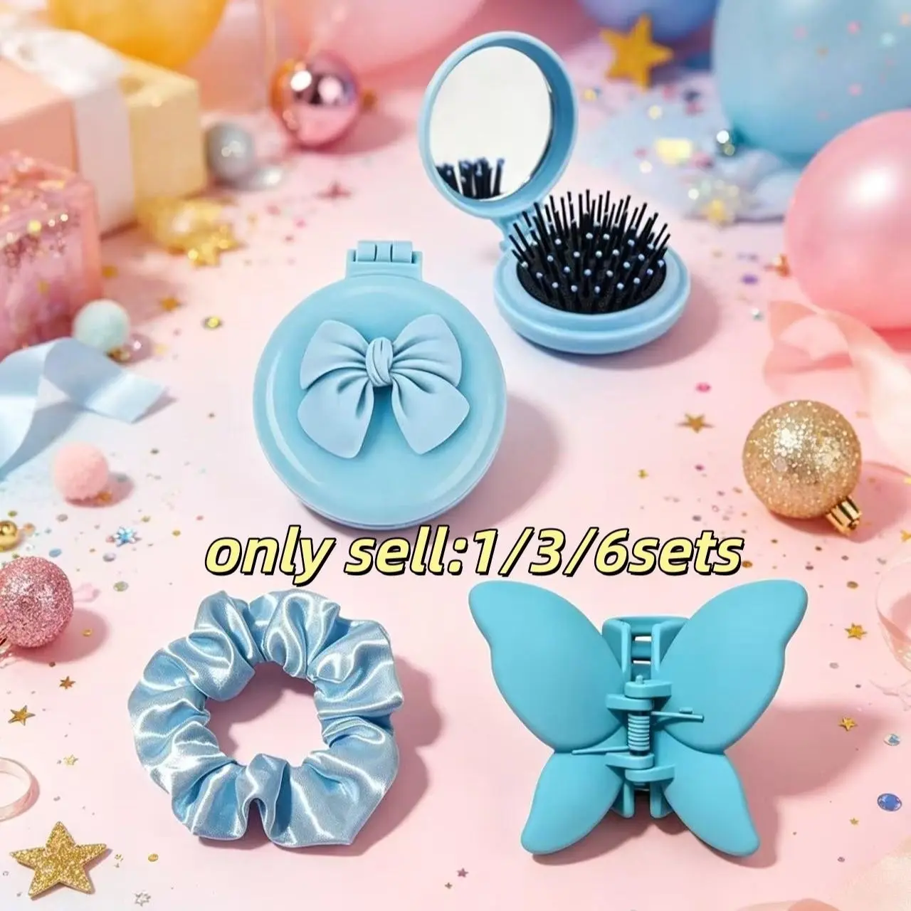Foldable Portable Mirror Comb Set, Satin Hair Tie and Butterfly Clip Gift Box, Pocket Travel Comb, Mini Pop-Up Folding Comb, Dry Wet Use, for Girls, Hair Combs
