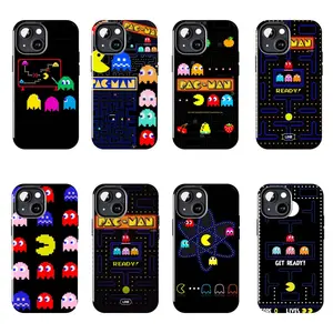 Pac-Man retro arcade game pixel phone case, maze ghost fruit pattern phone case, compatible with iPhone 11–17 Pro Max/Plus series and Samsung Galaxy S23–S25 series.
