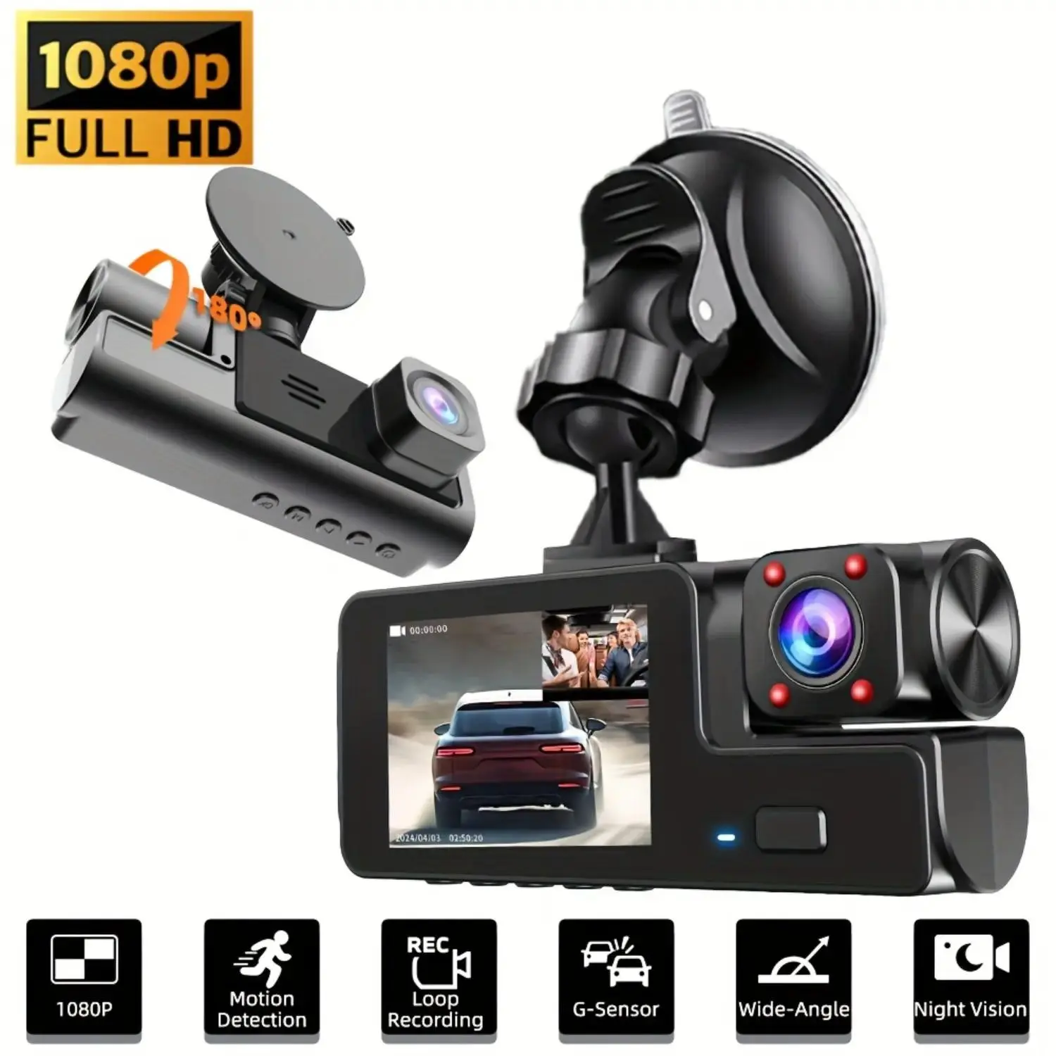 Full HD 1080P Dual Lens Dash Cam for Cars, Front & Rear Recording, Loop Recording, G-Sensor, Wide Angle Driving Recorder