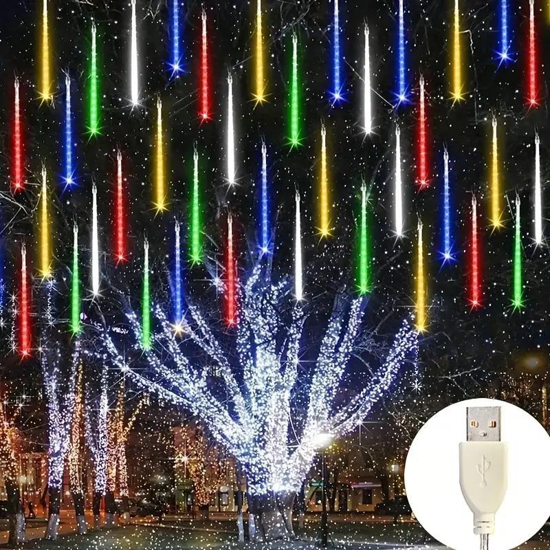 96leds USB Meteor Shower String Lights, 8 Strings Ed Festival Lights, Outdoor Garden Yard Lights, Christmas New Year Wedding Valentine Decorations, Party Lighting Decoration, Outdoor Twinkle Lights, Electronic Lights