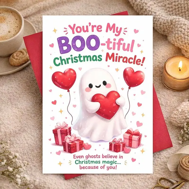 Adorable Christmas Greeting Card with Envelope, Cute Ghost Holding Heart, 'you Are My Beautiful Miraculous' for Partner, Festive Cartoon Style