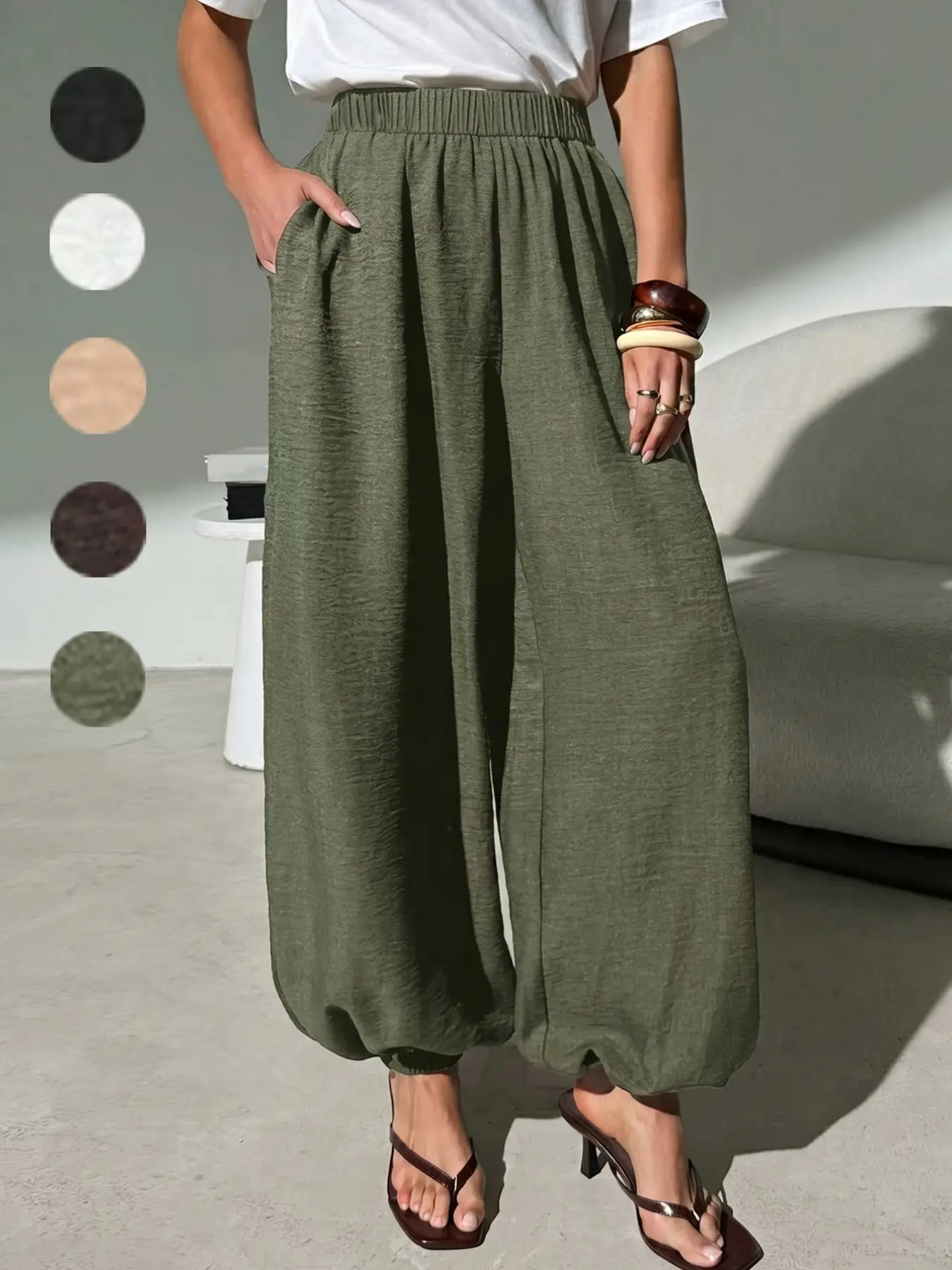 Women's Summer Woven Textured High Waist Side Pocket Cuffed Lantern Pants, Casual Commuter Daily Wear Long Trousers